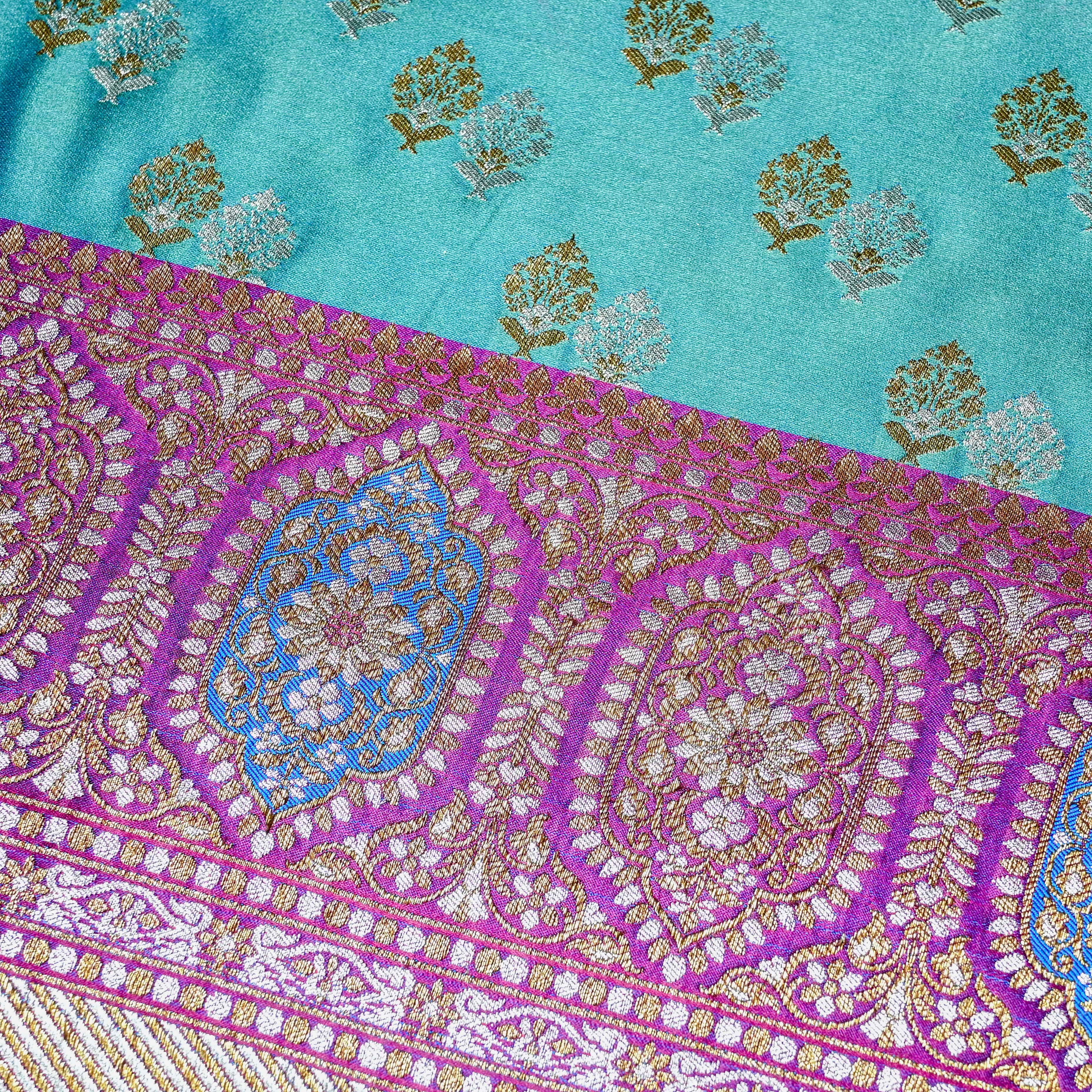 Light Blue Banaras Silk Fabric With Contrast Border