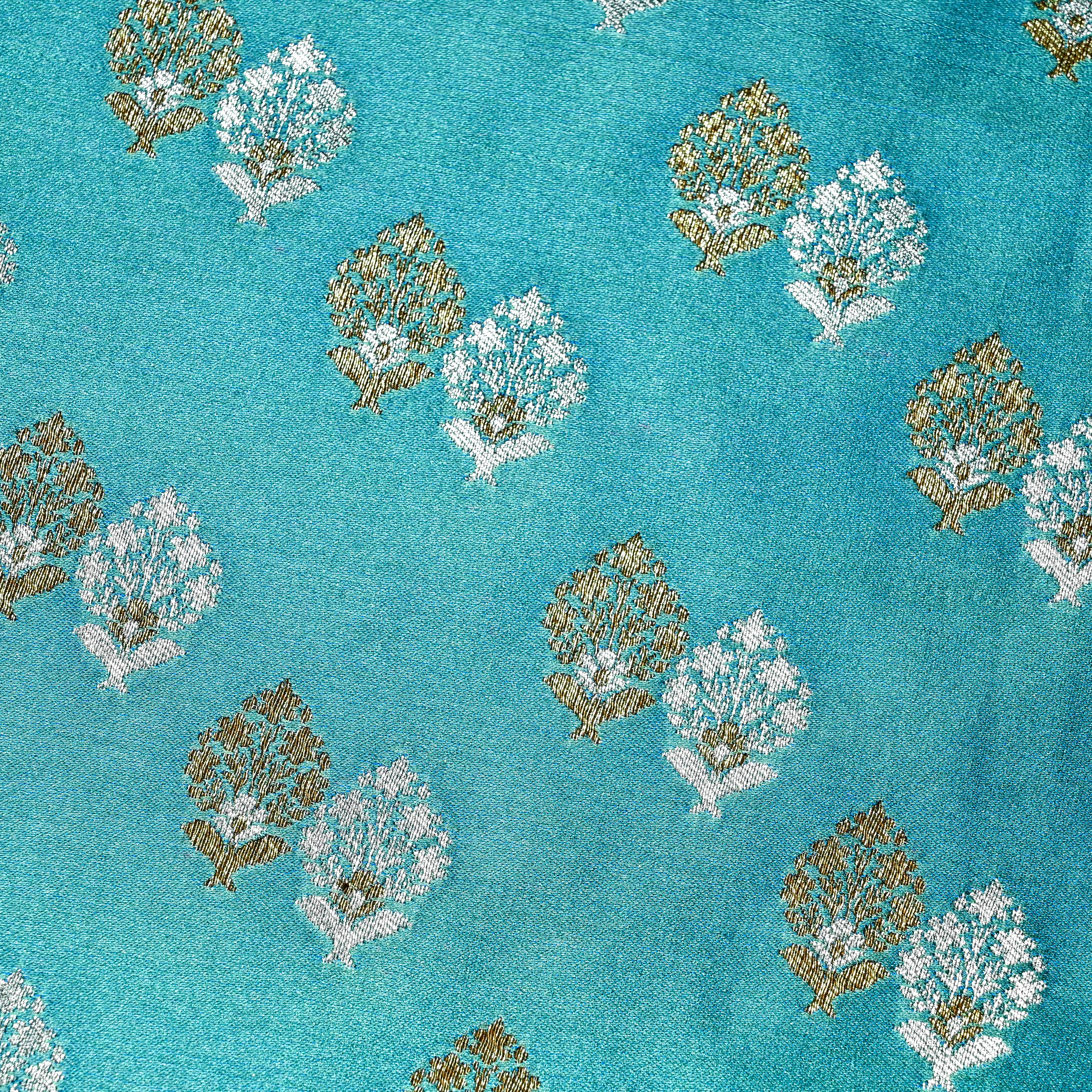 Light Blue Banaras Silk Fabric With Contrast Border