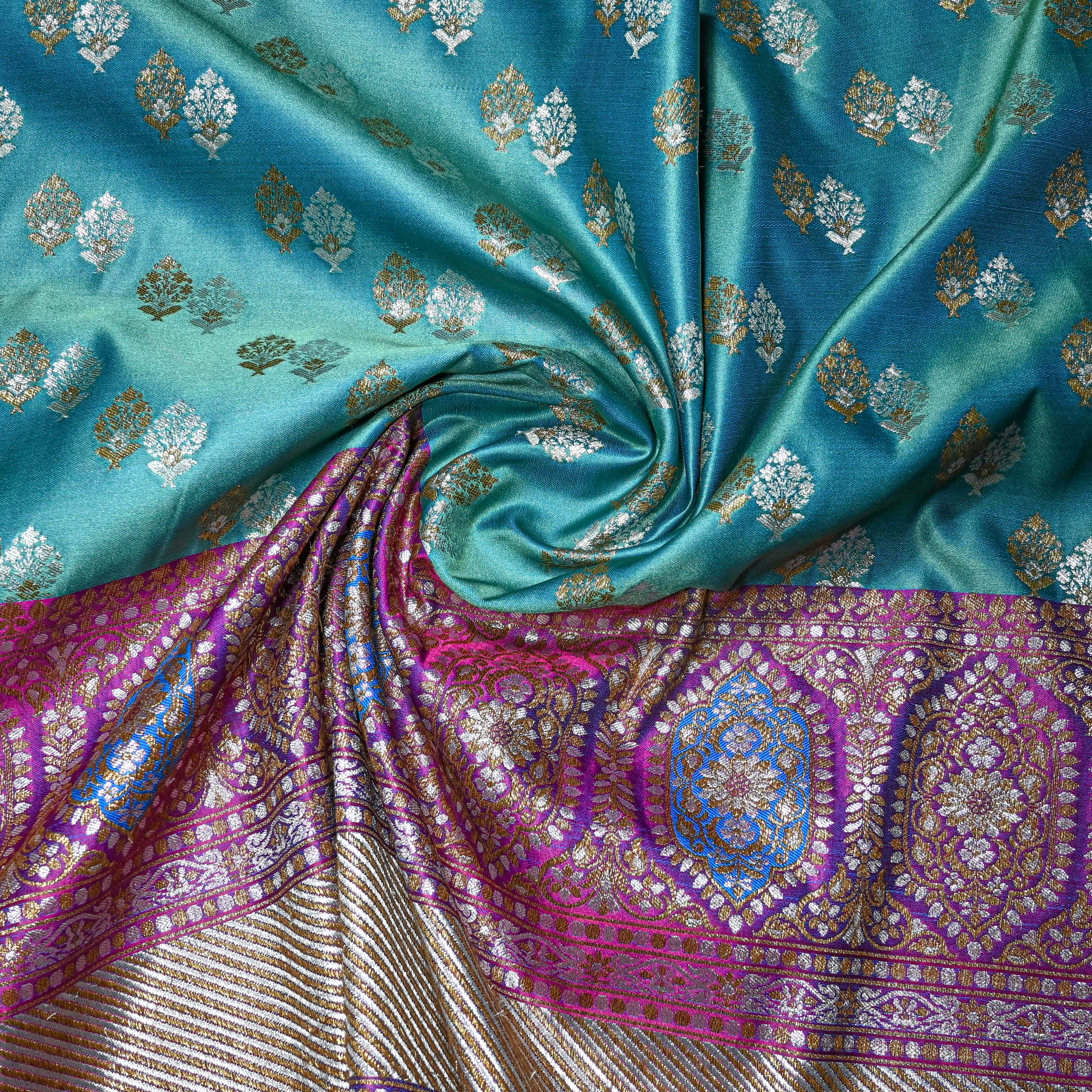 Light Blue Banaras Silk Fabric With Contrast Border