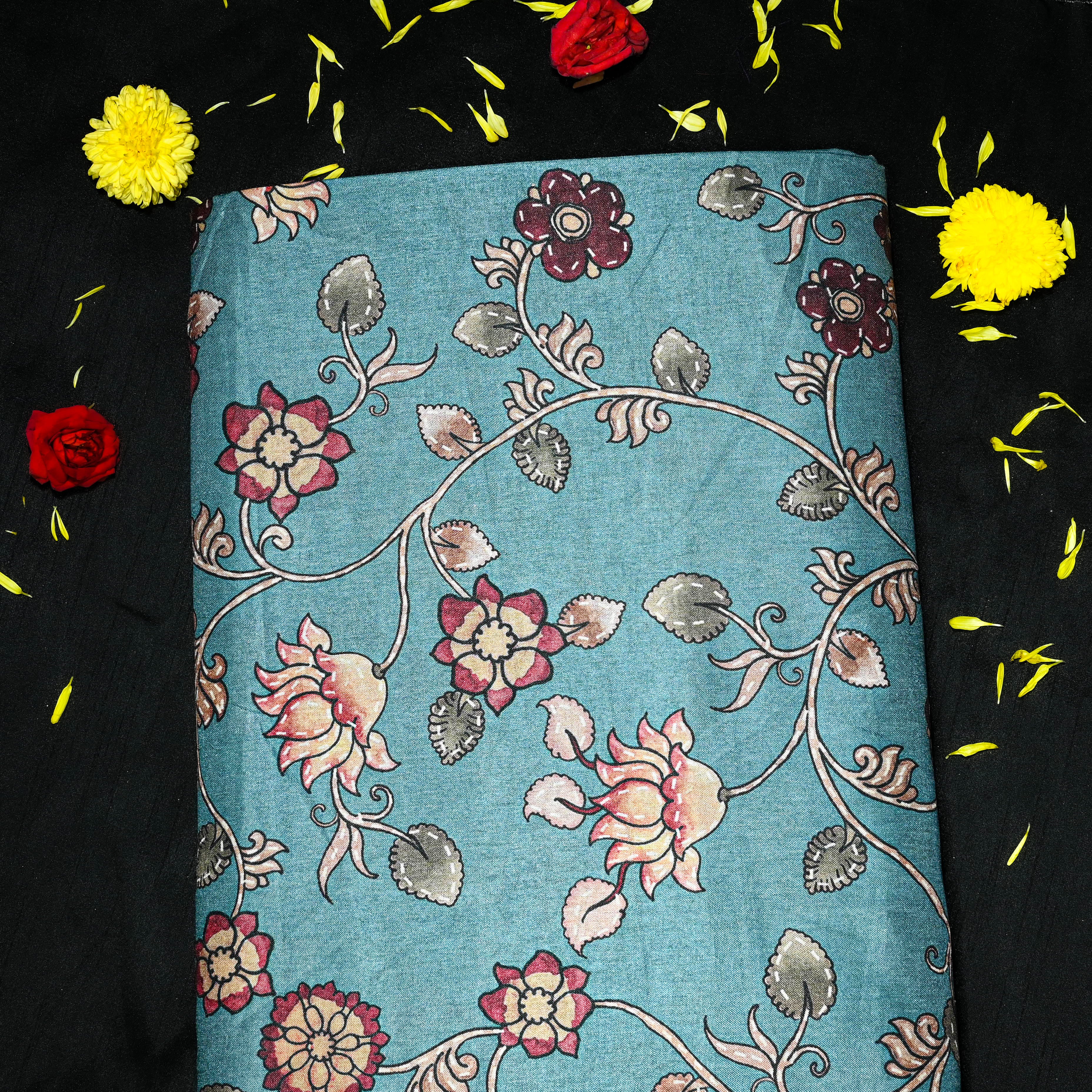 Baby Blue Jamawar Silk Fabric With Digital Print