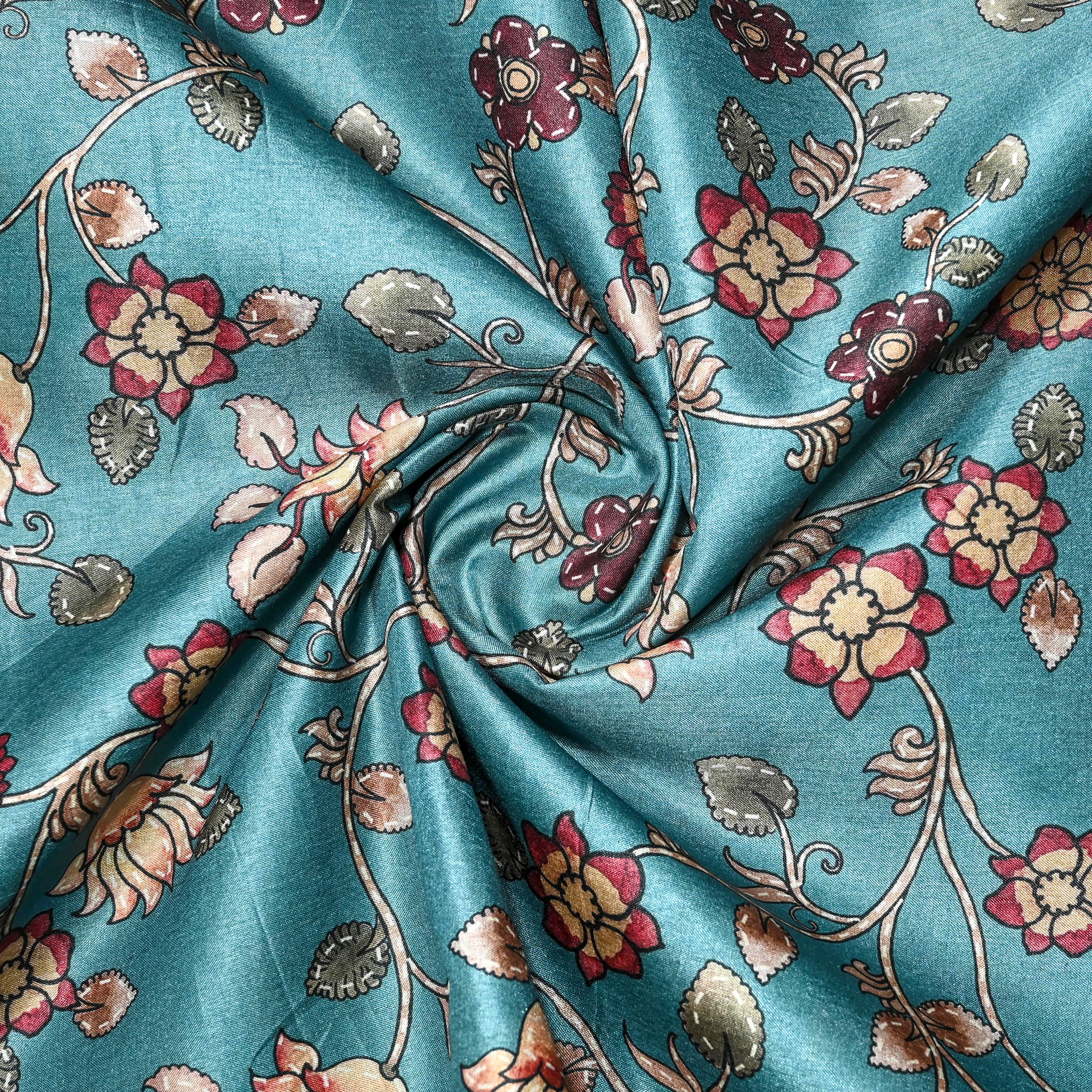 Baby Blue Jamawar Silk Fabric With Digital Print