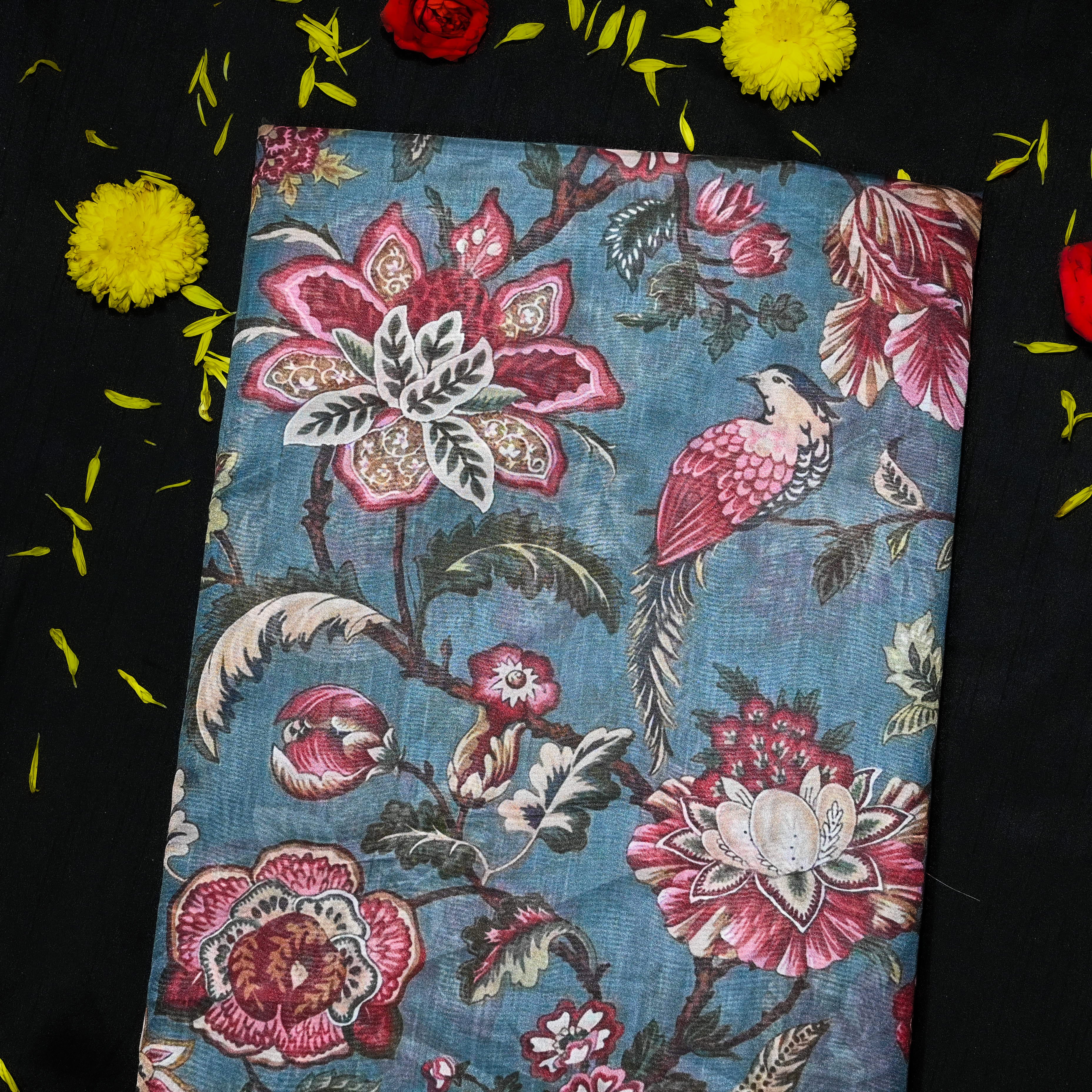 Steel Blue Silk Printed Fabric