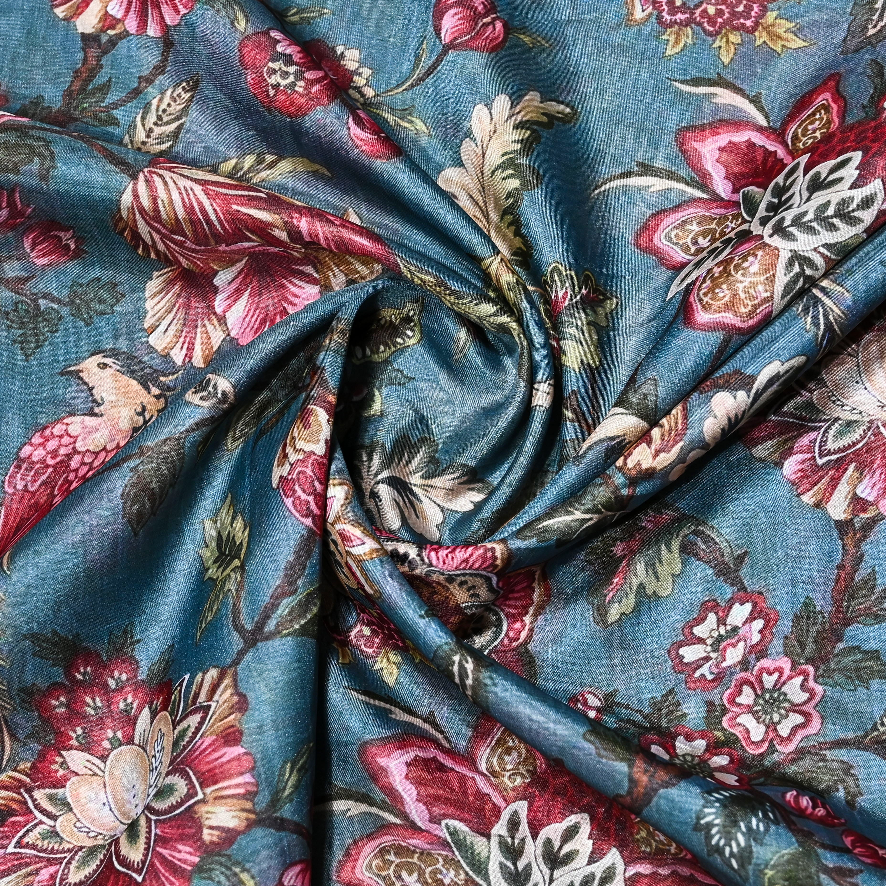 Steel Blue Silk Printed Fabric