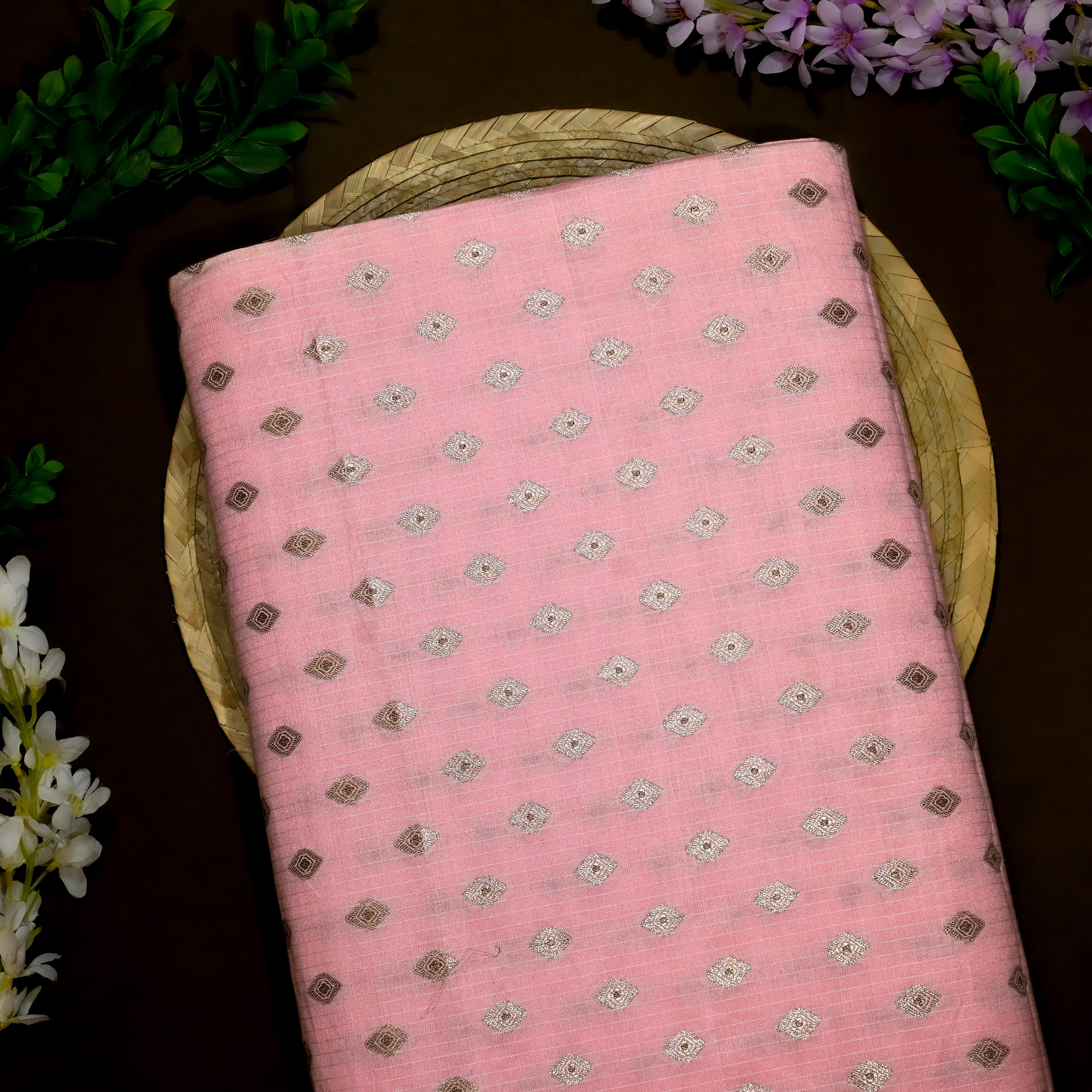 Lemonade Pink Jamawar Silk Fabric With Butti'S