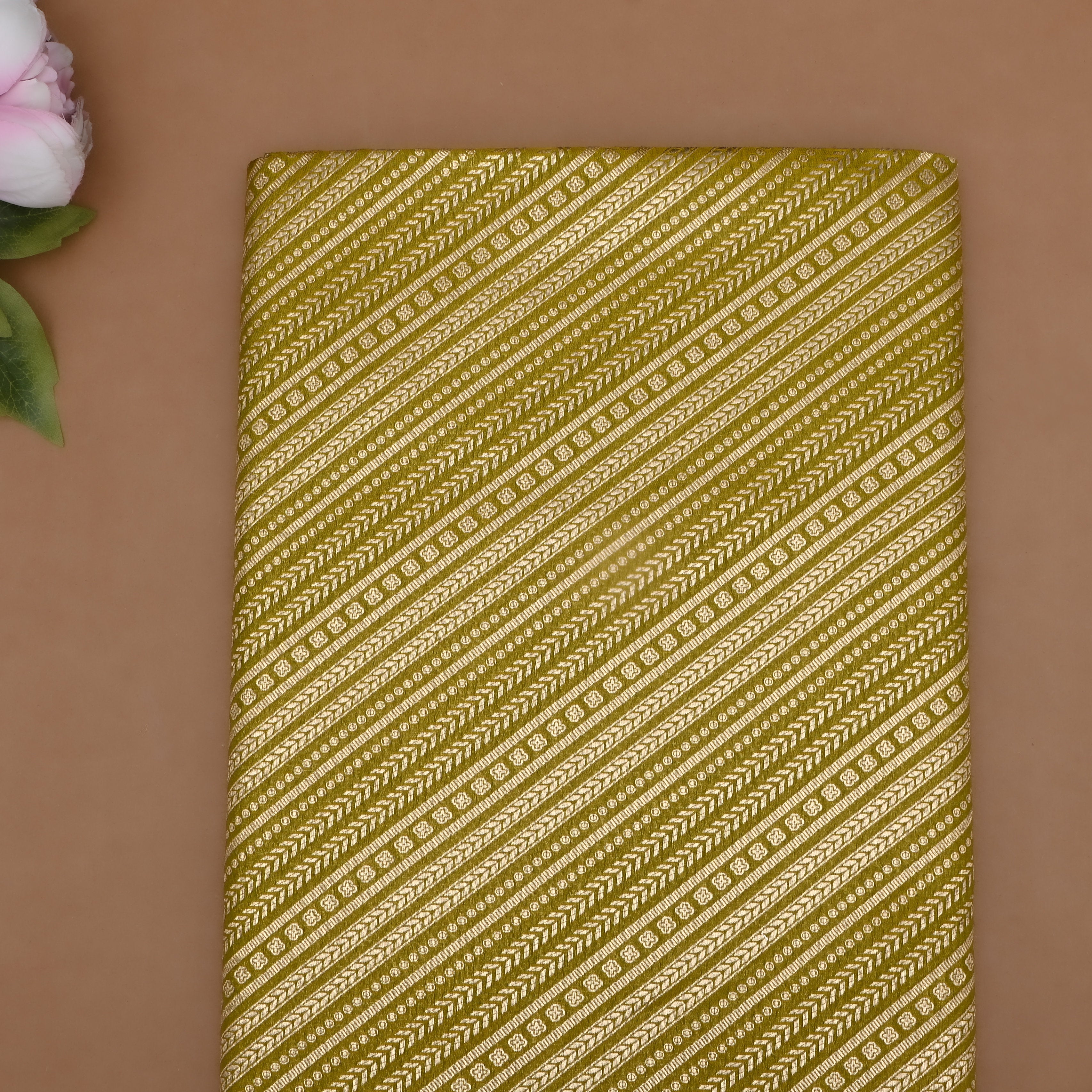 Dark Pear Green Banaras Fabric With Diagonal Strips