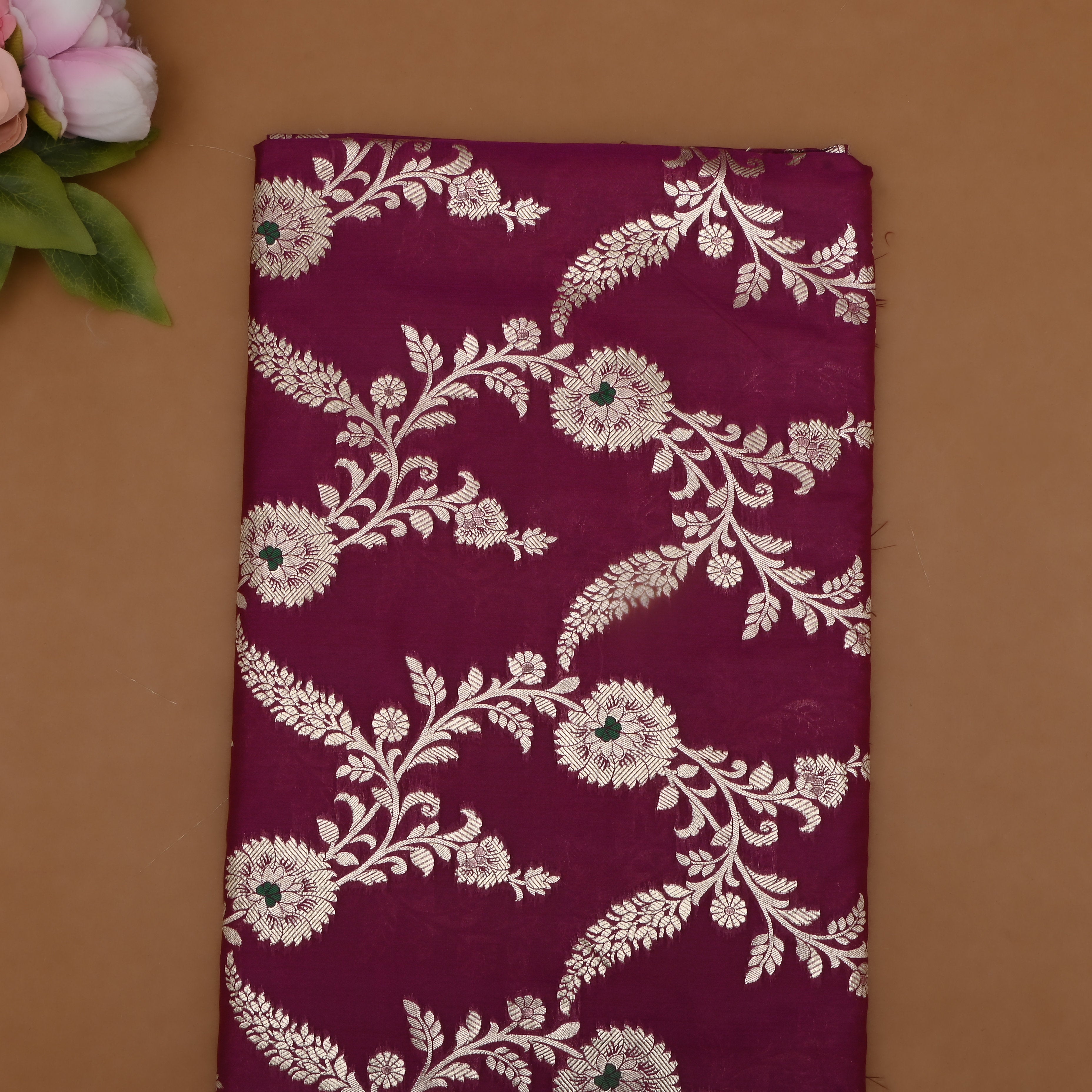 Boysenberry Purple Banarasi Fabric With Floral Jaal