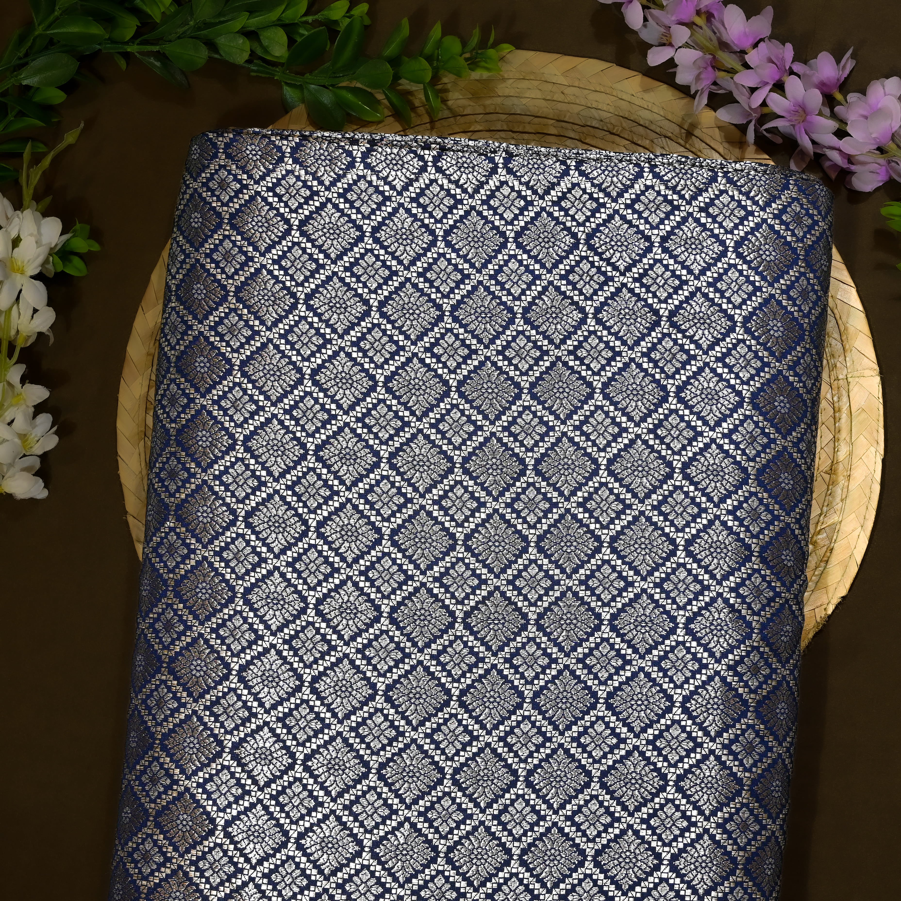 Navy Blue Jamawar Silk Fabric