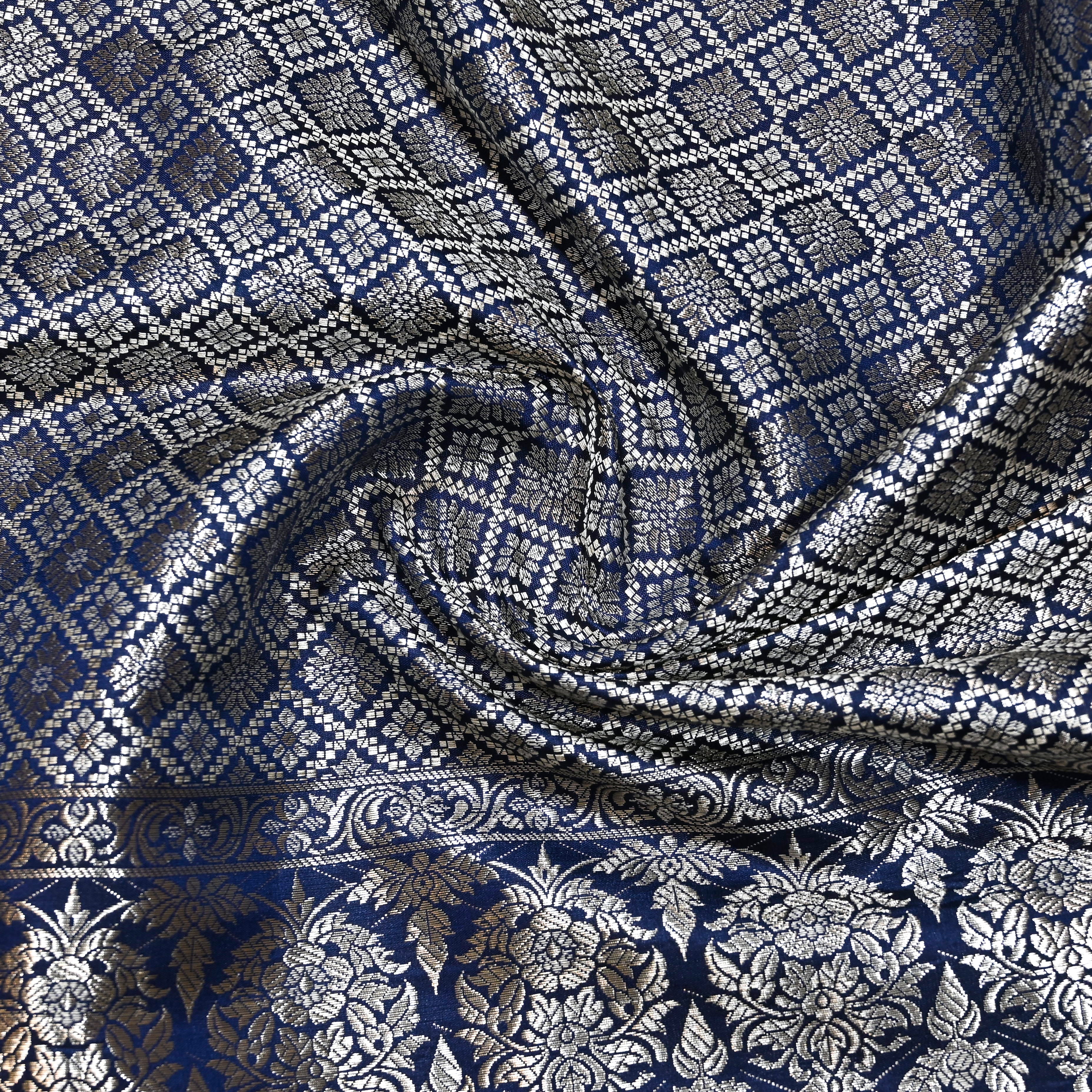 Navy Blue Jamawar Silk Fabric