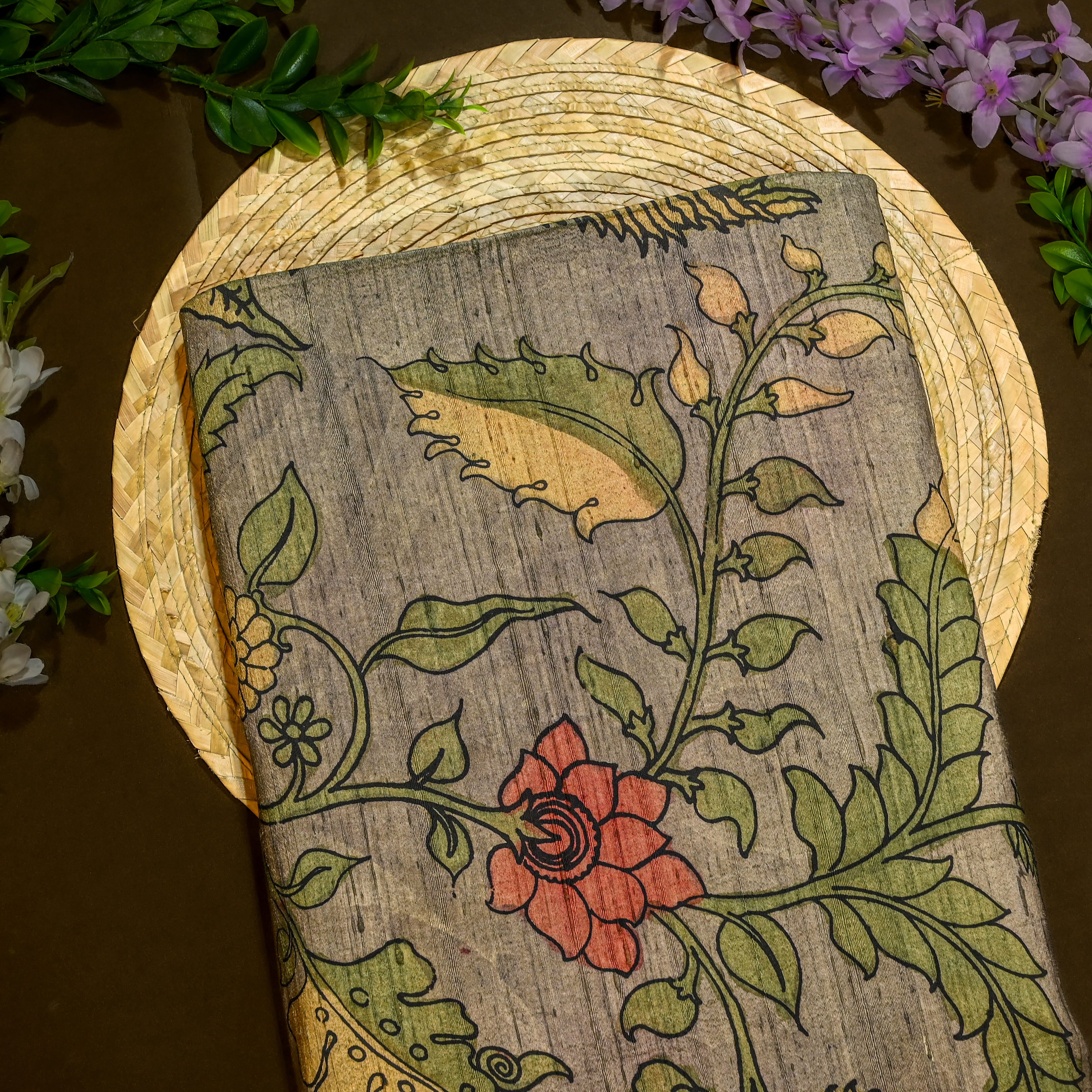 Light Brown Dupion Fabric With Kalamkari Print