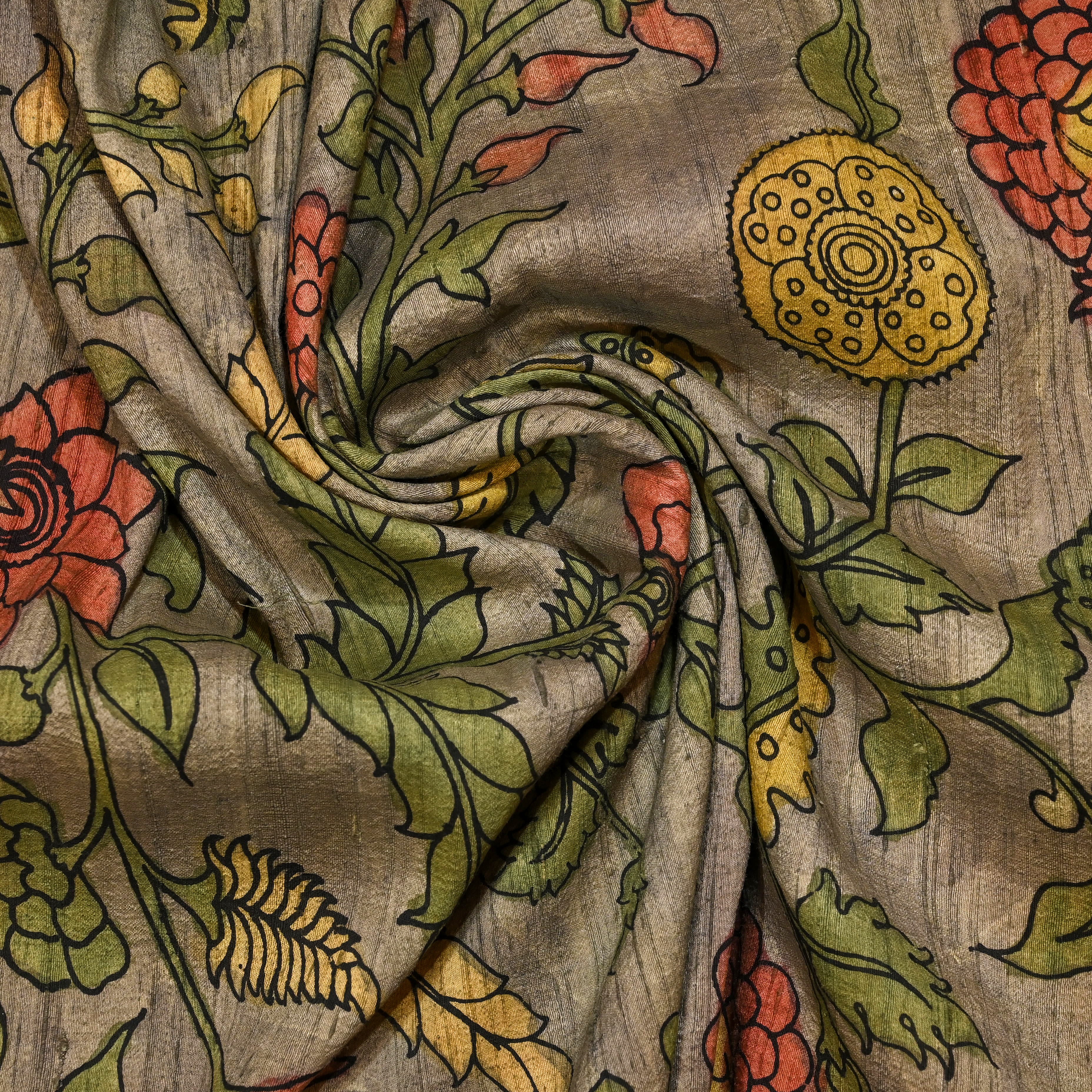 Light Brown Dupion Fabric With Kalamkari Print