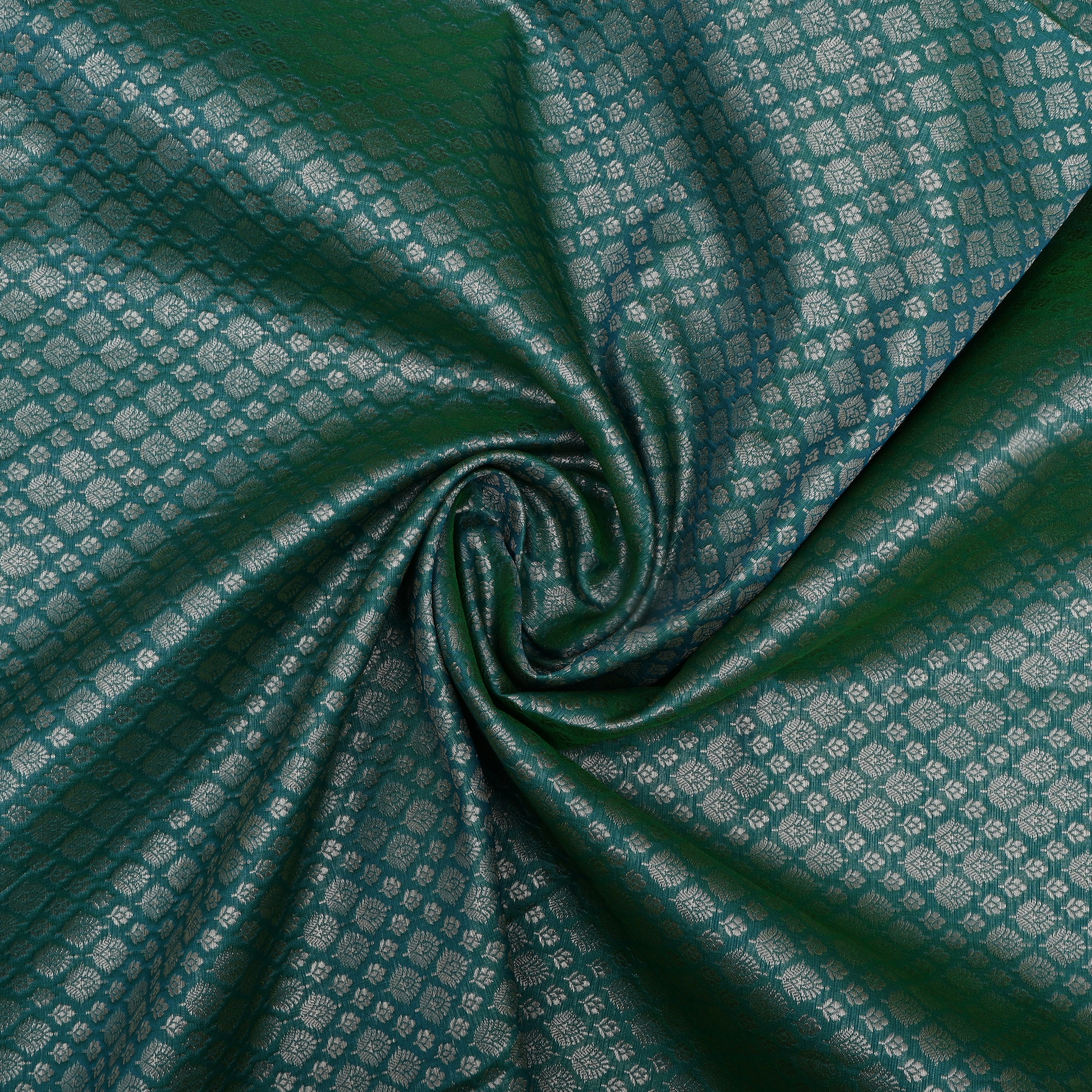 Teal Blue Jamawar Silk Fabric With Gold Zari Work