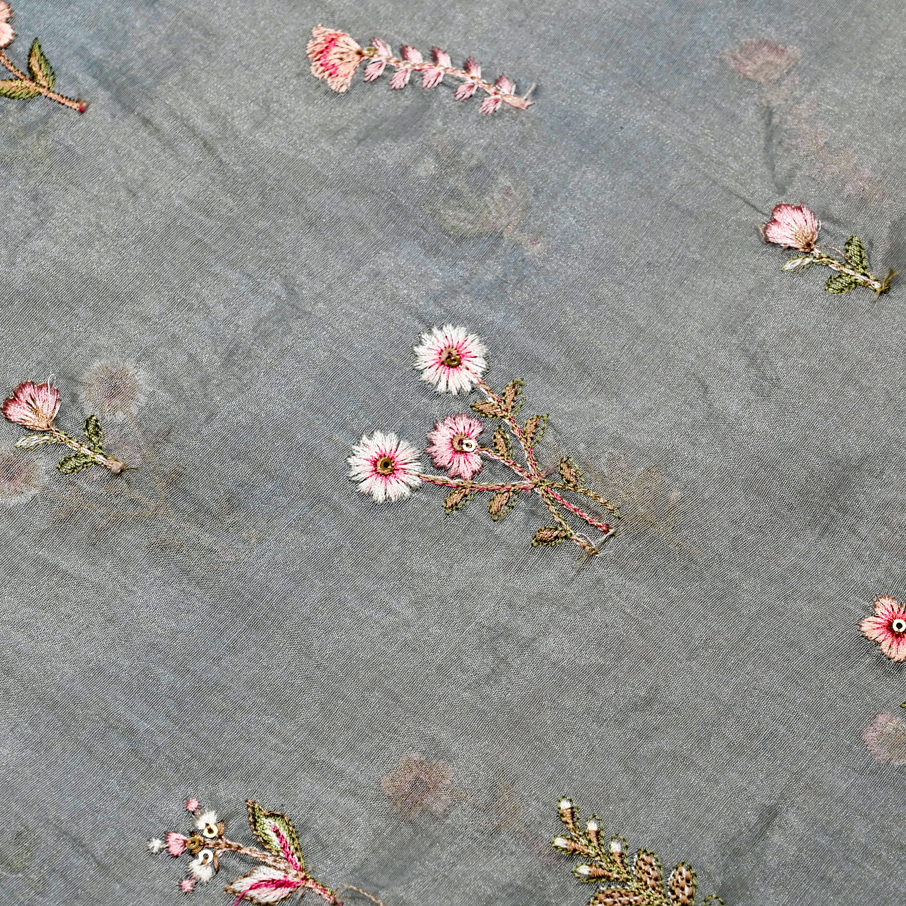 Light Steel Blue Mul Chanderi Fabric With Embroidery
