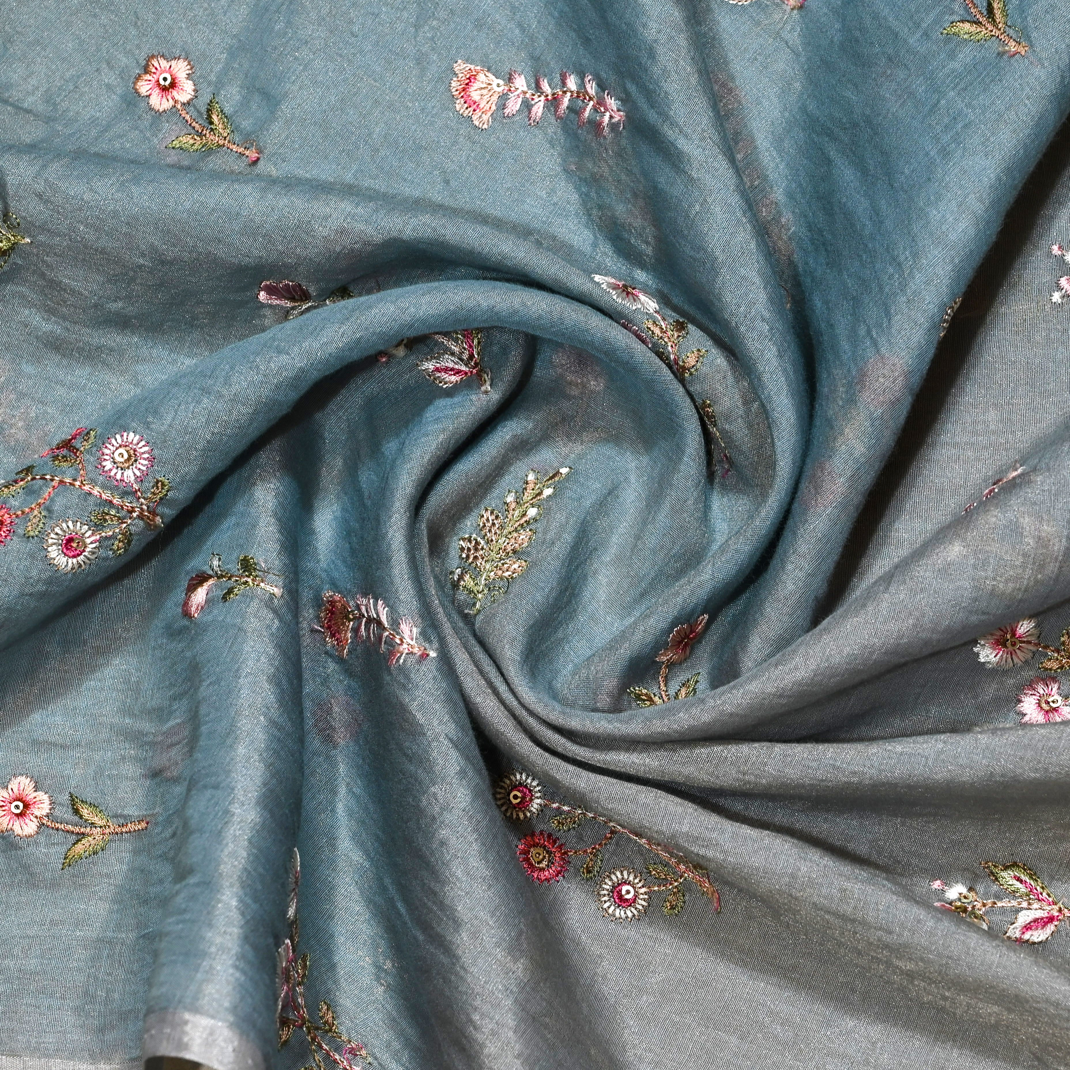Light Steel Blue Mul Chanderi Fabric With Embroidery