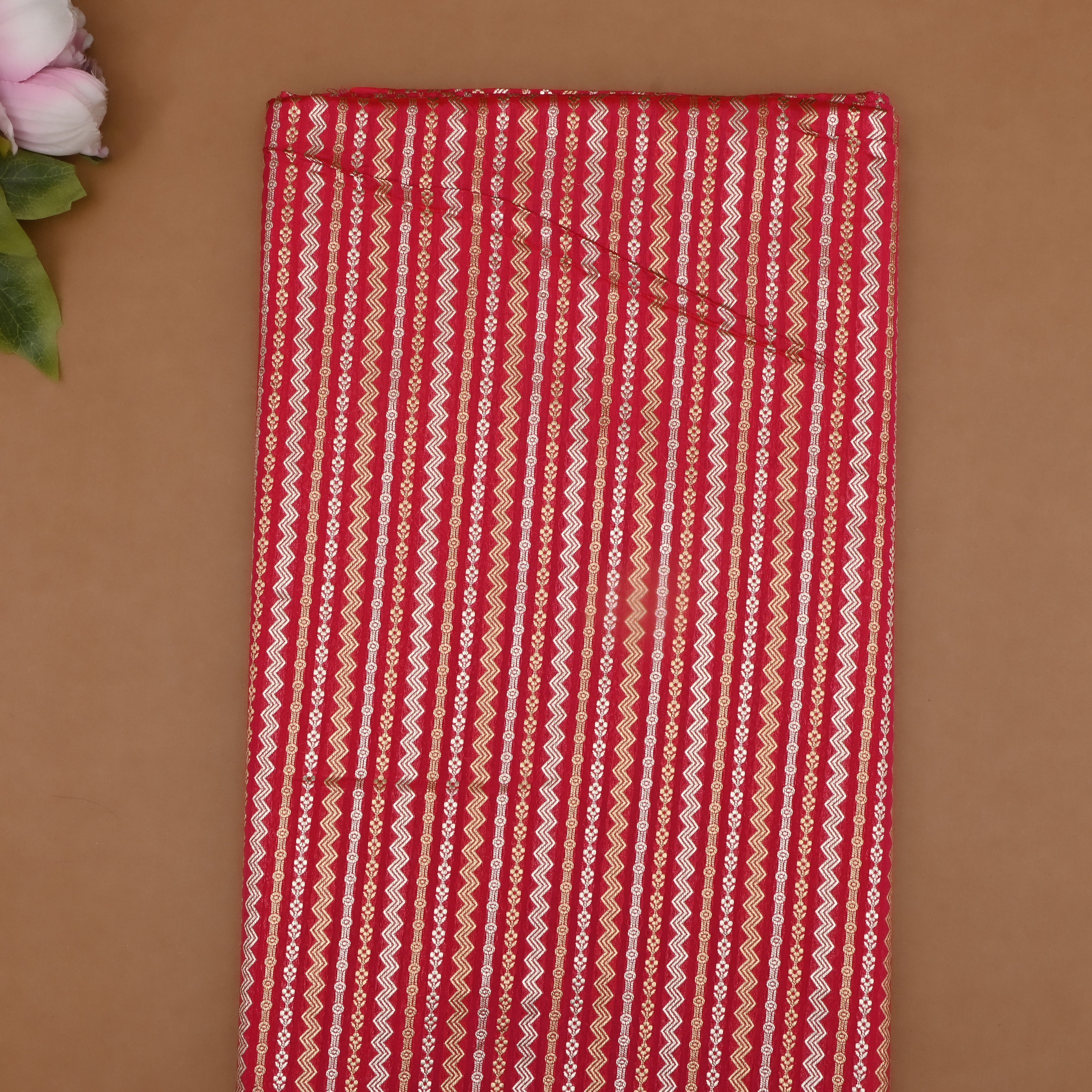 Brick Red Banarasi Fabrics With Stripes