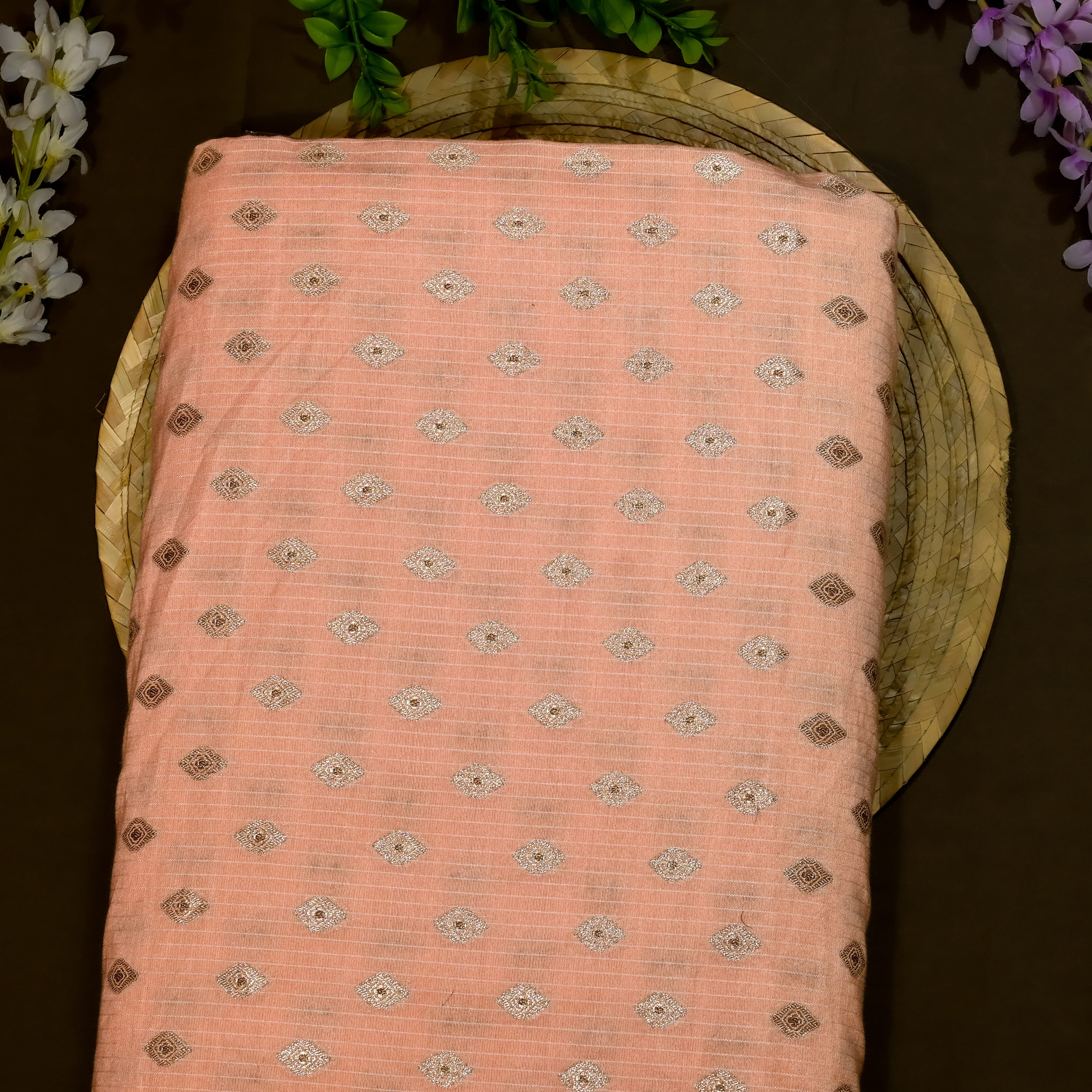 Salmon Pink Jamawar Silk Fabric With Butti'S