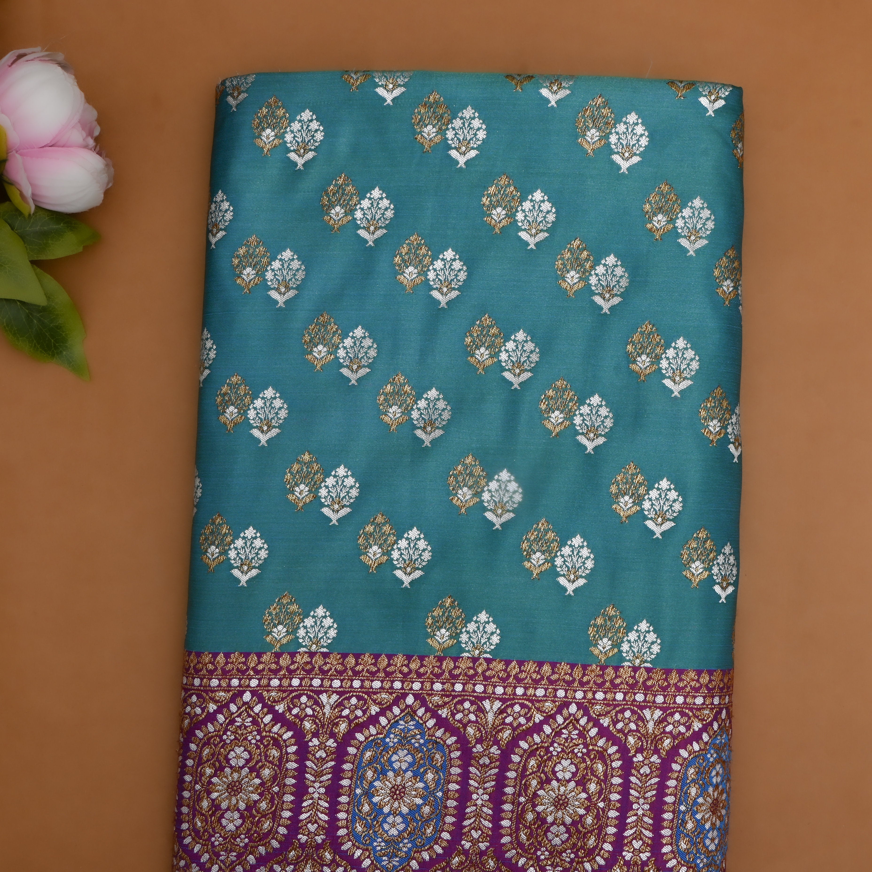 Light Blue Banaras Silk Fabric With Contrast Border
