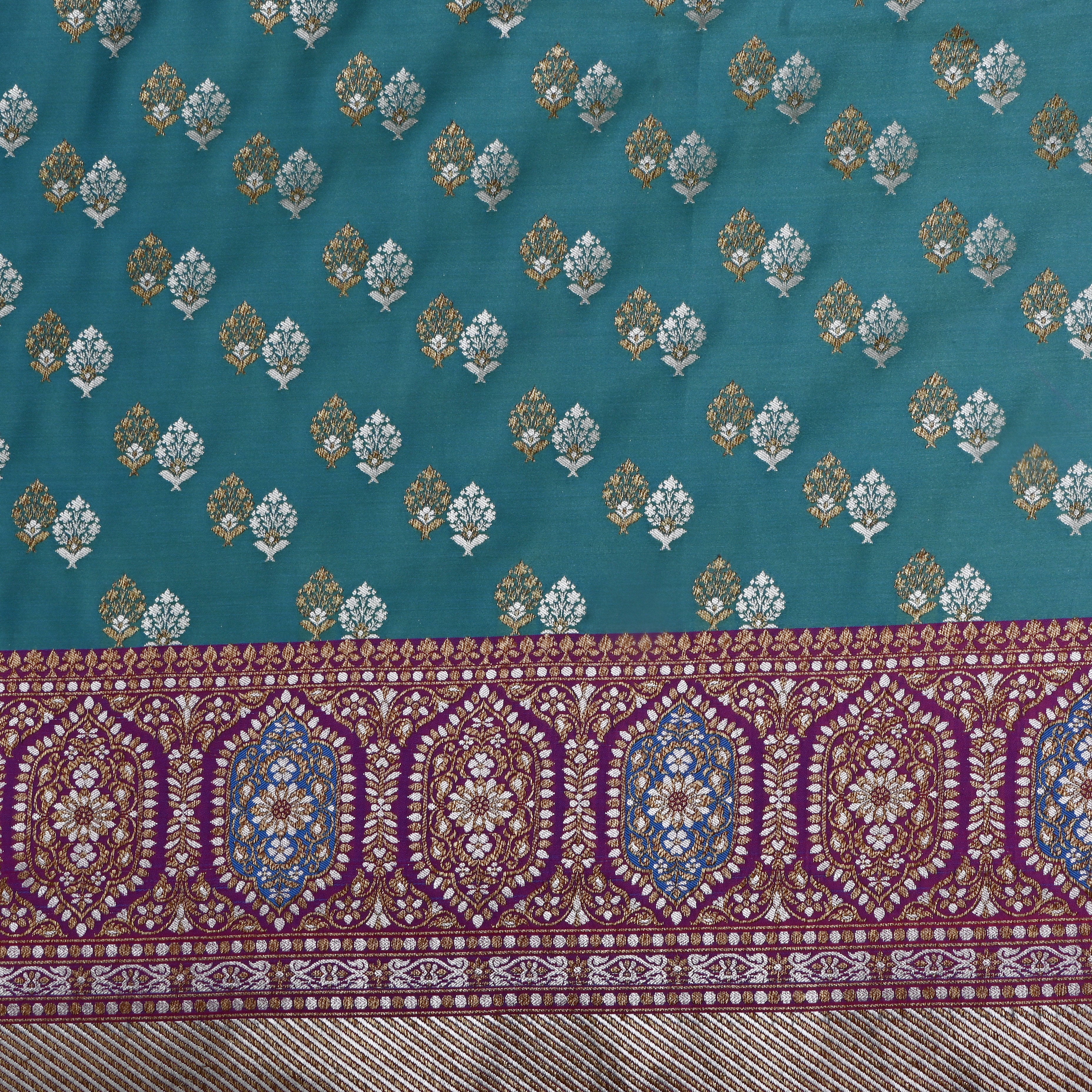 Light Blue Banaras Silk Fabric With Contrast Border
