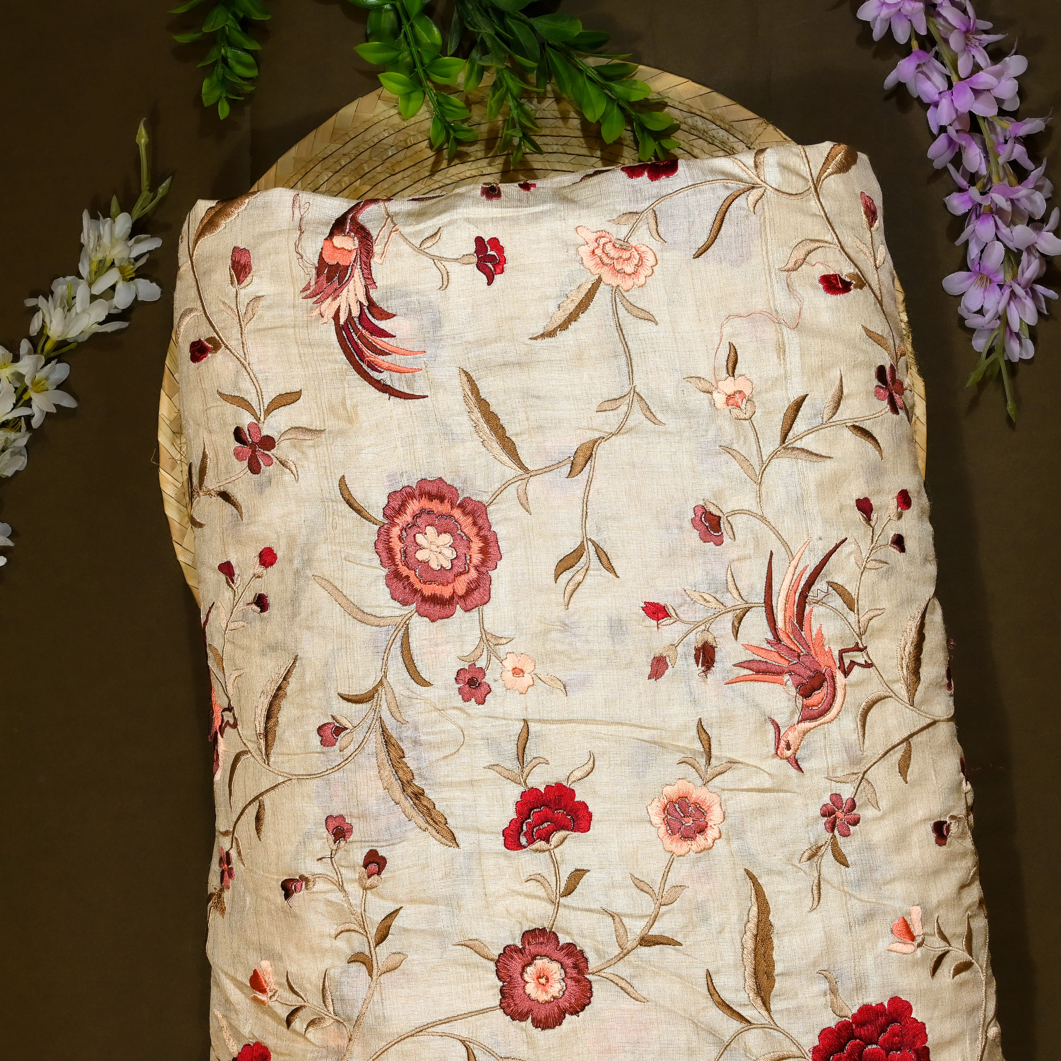Cream Tussar Fabric With Embroidery