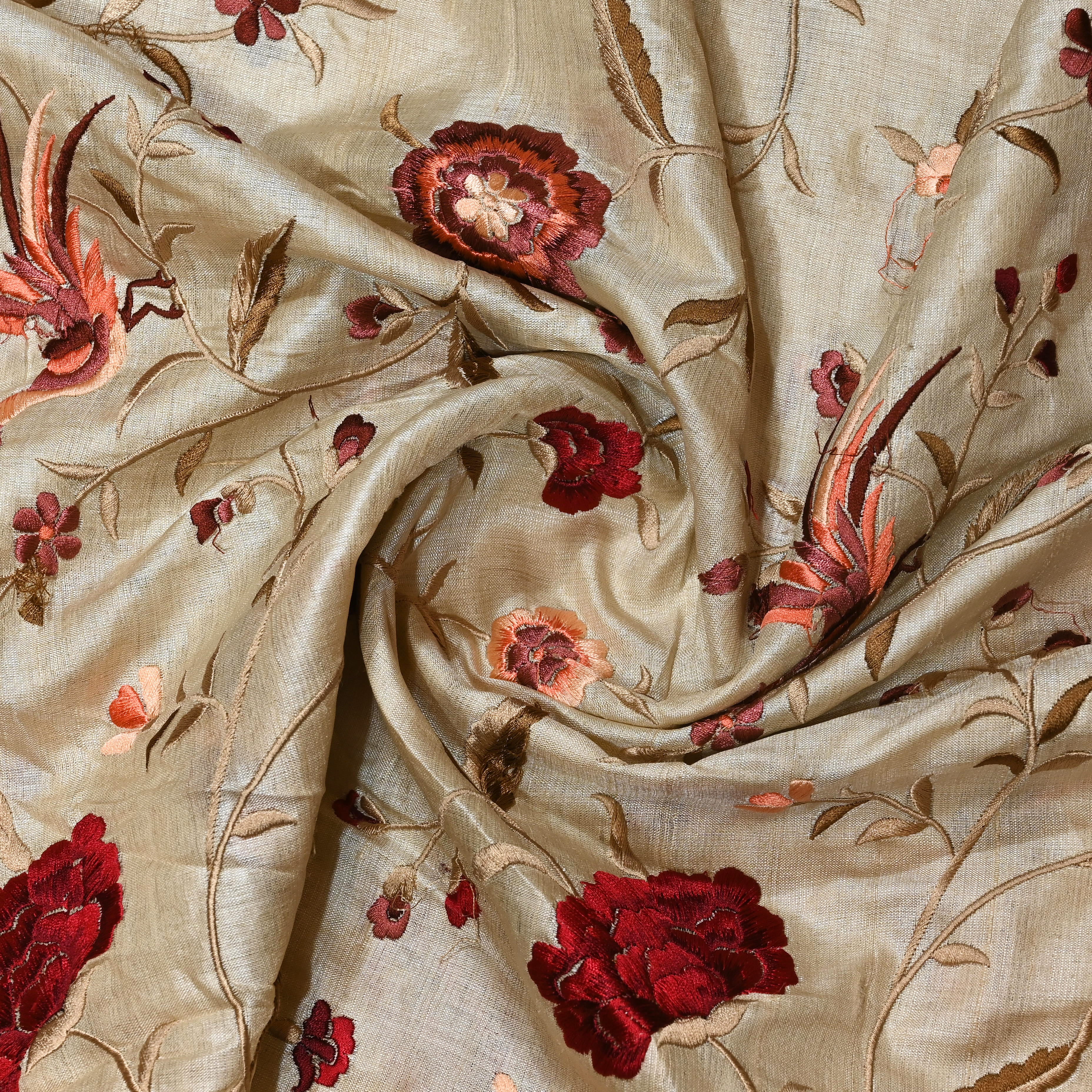 Cream Tussar Fabric With Embroidery