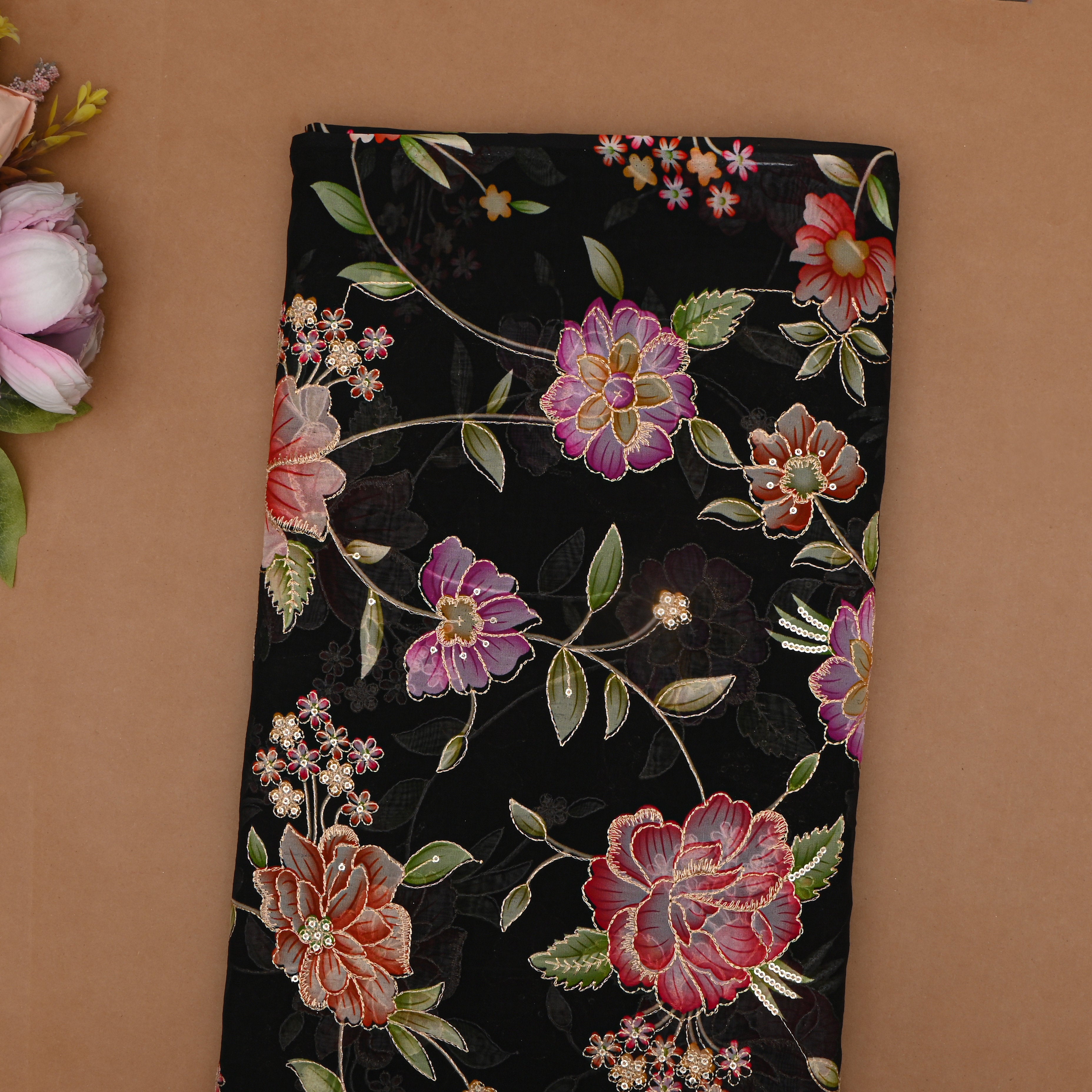 Black Organza Fabric With Printed Embroidery