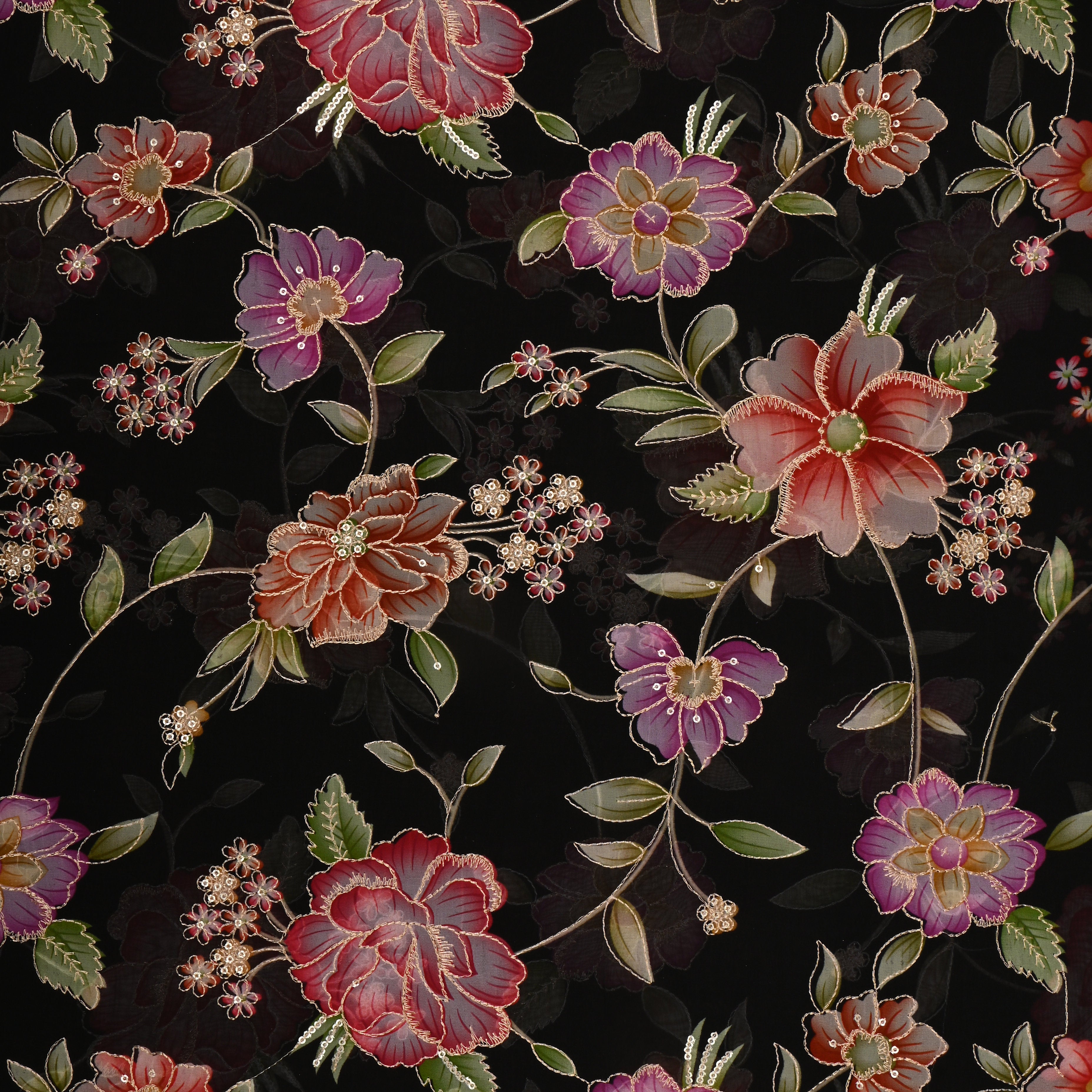 Black Organza Fabric With Printed Embroidery