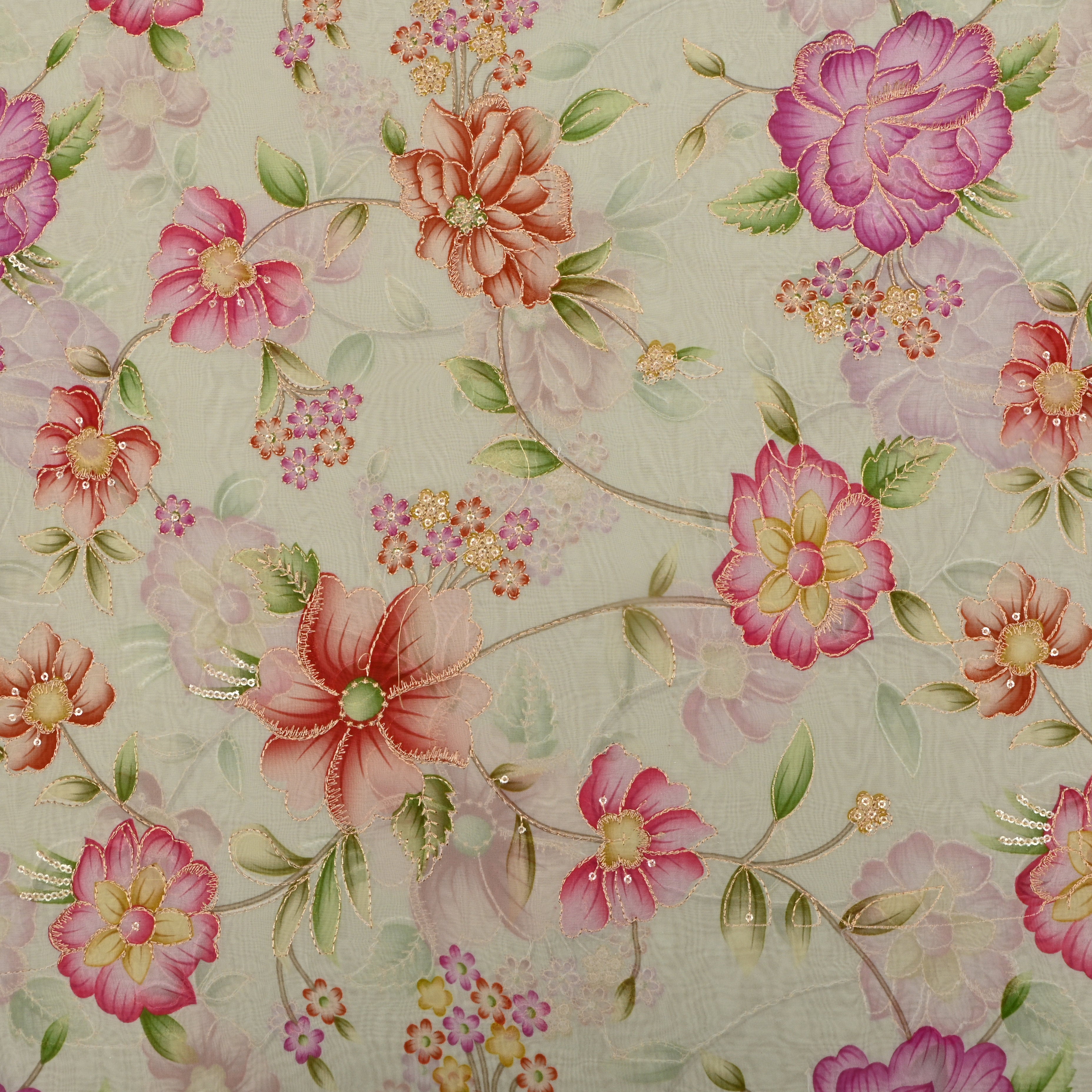 Tea Green Organza Fabric With Printed Embroidery