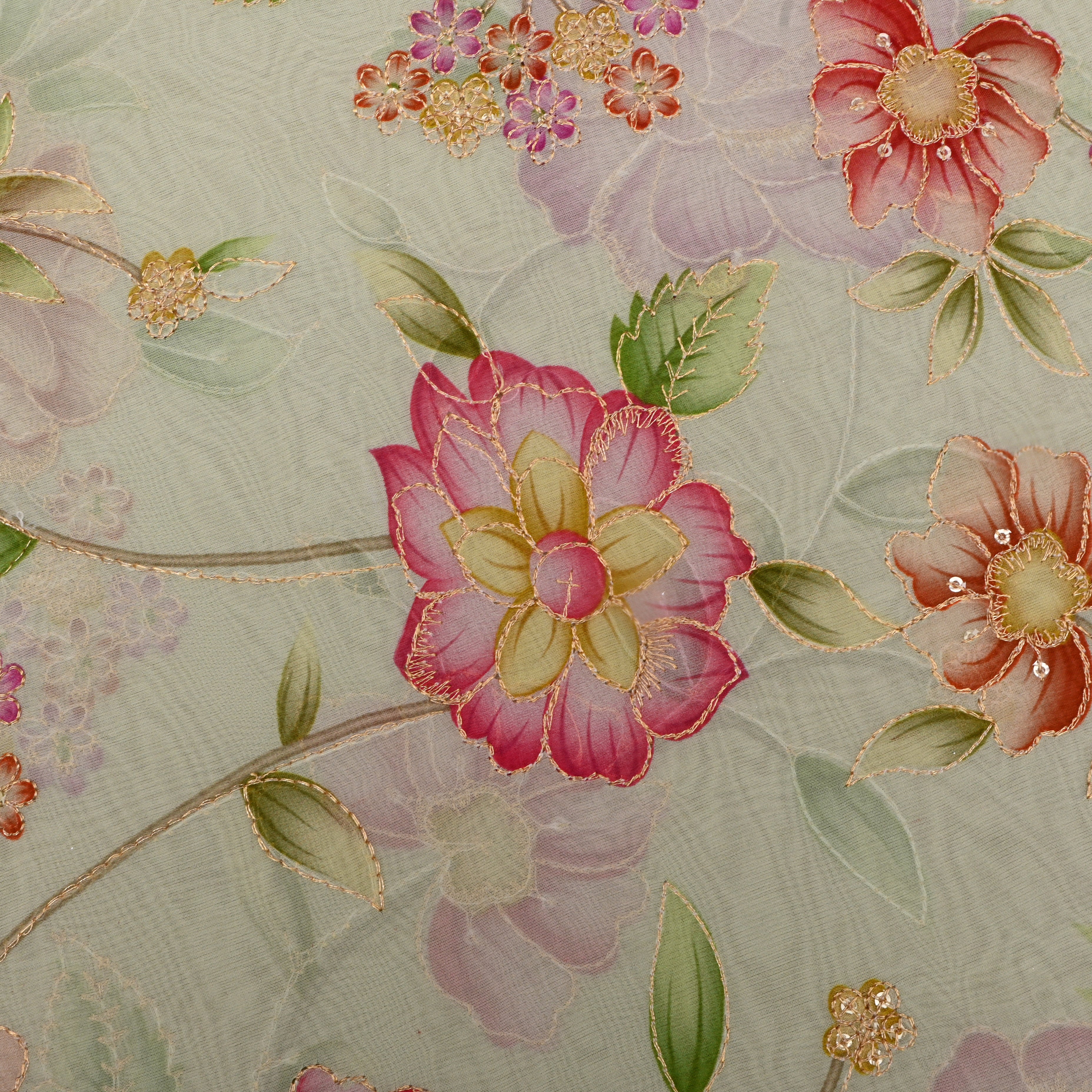 Tea Green Organza Fabric With Printed Embroidery