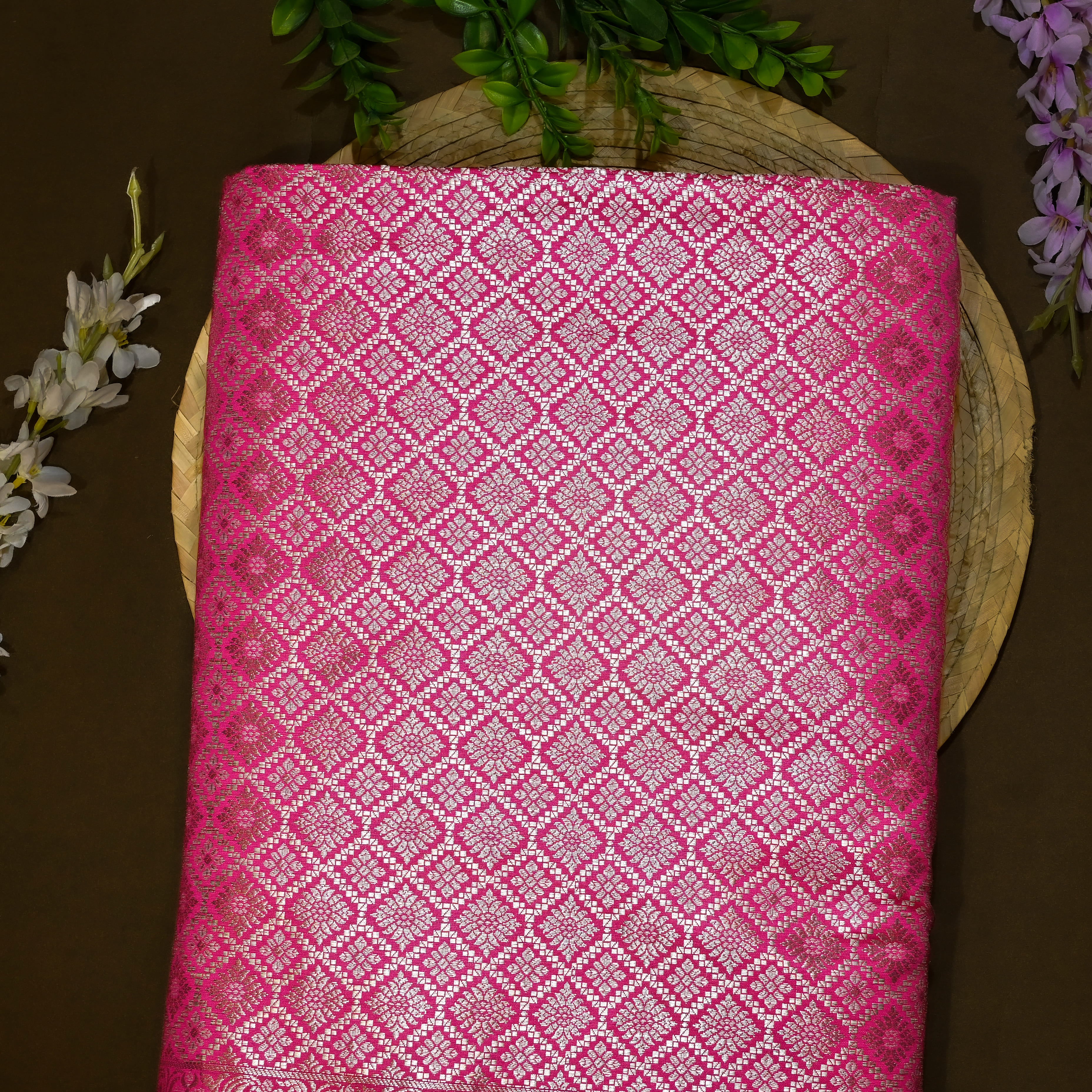 Deep Pink Jamawar Silk Fabric