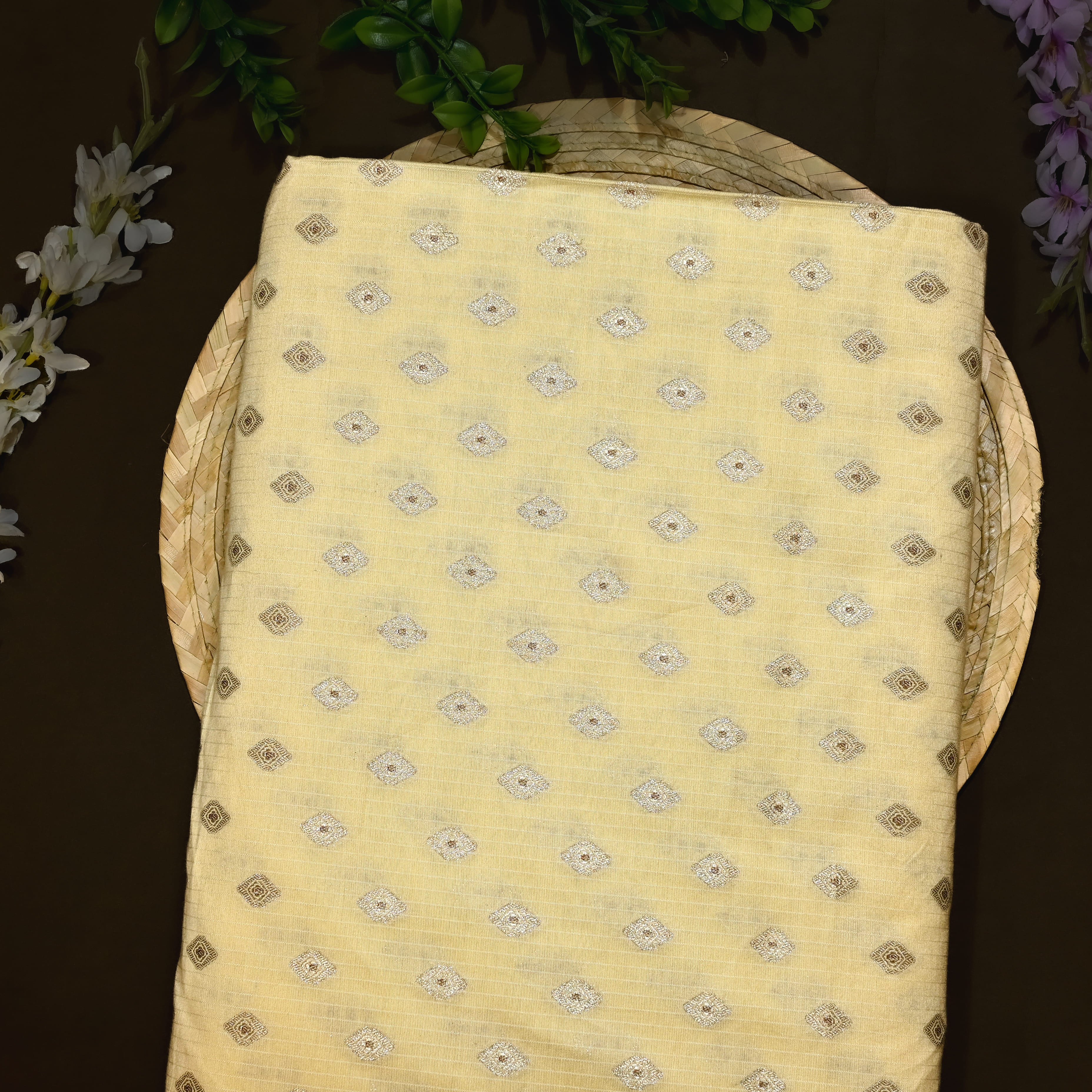 Pastel Yellow Jamawar Silk Fabric With Butti'S