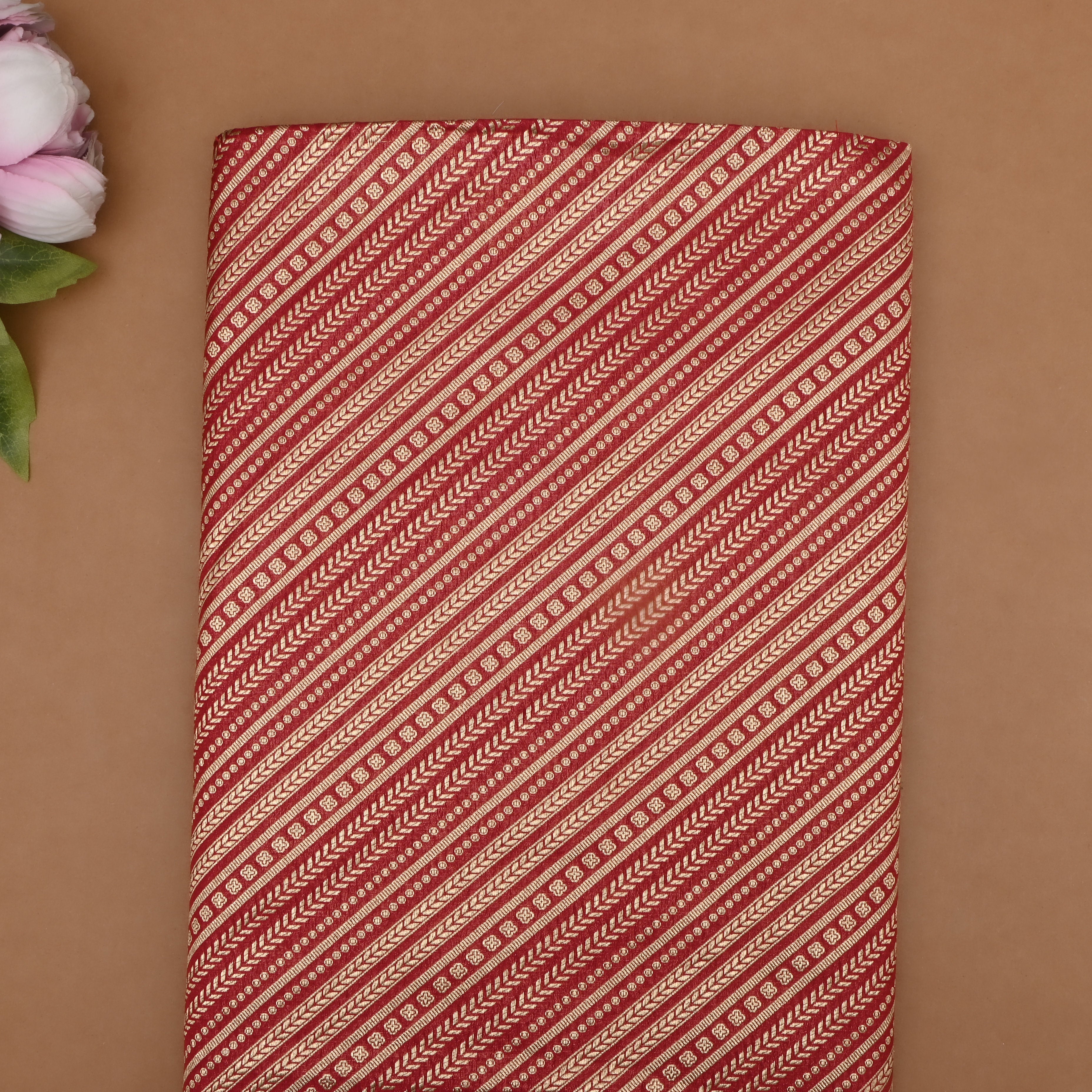 Maroon Jamawar Silk Fabric With Diagonal Stripes