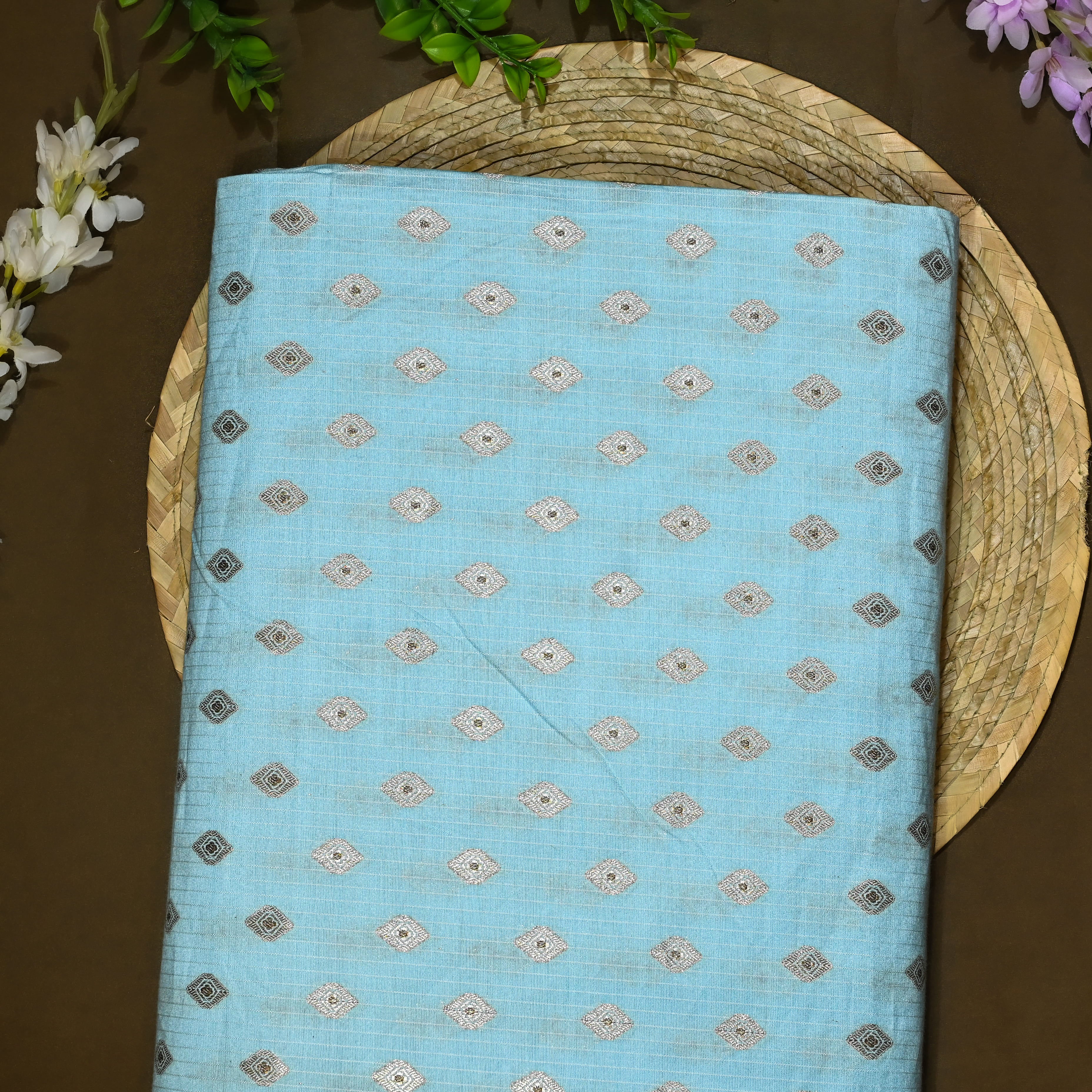 Light Sky Blue Jamawar Silk Fabric With Butti'S