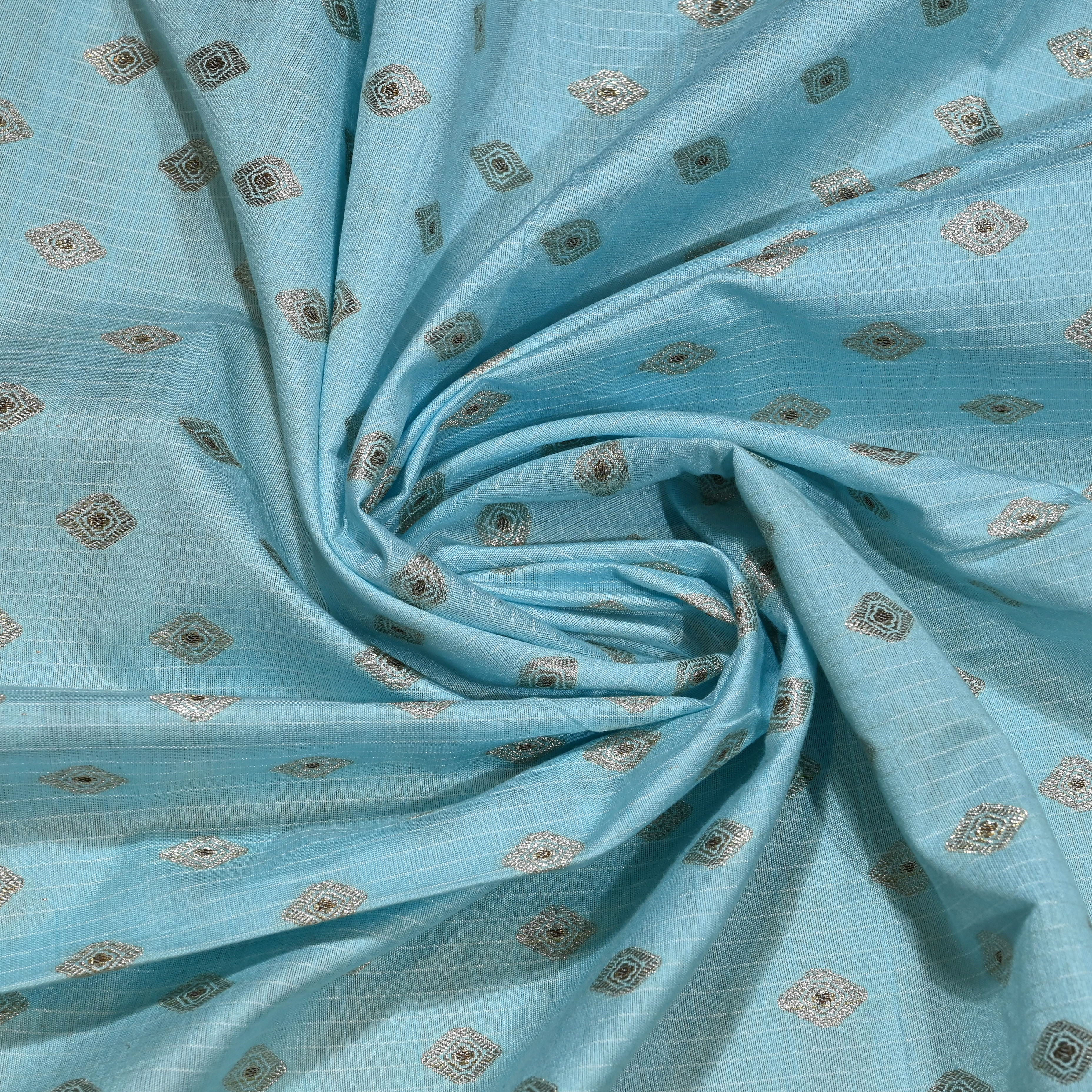 Light Sky Blue Jamawar Silk Fabric With Butti'S