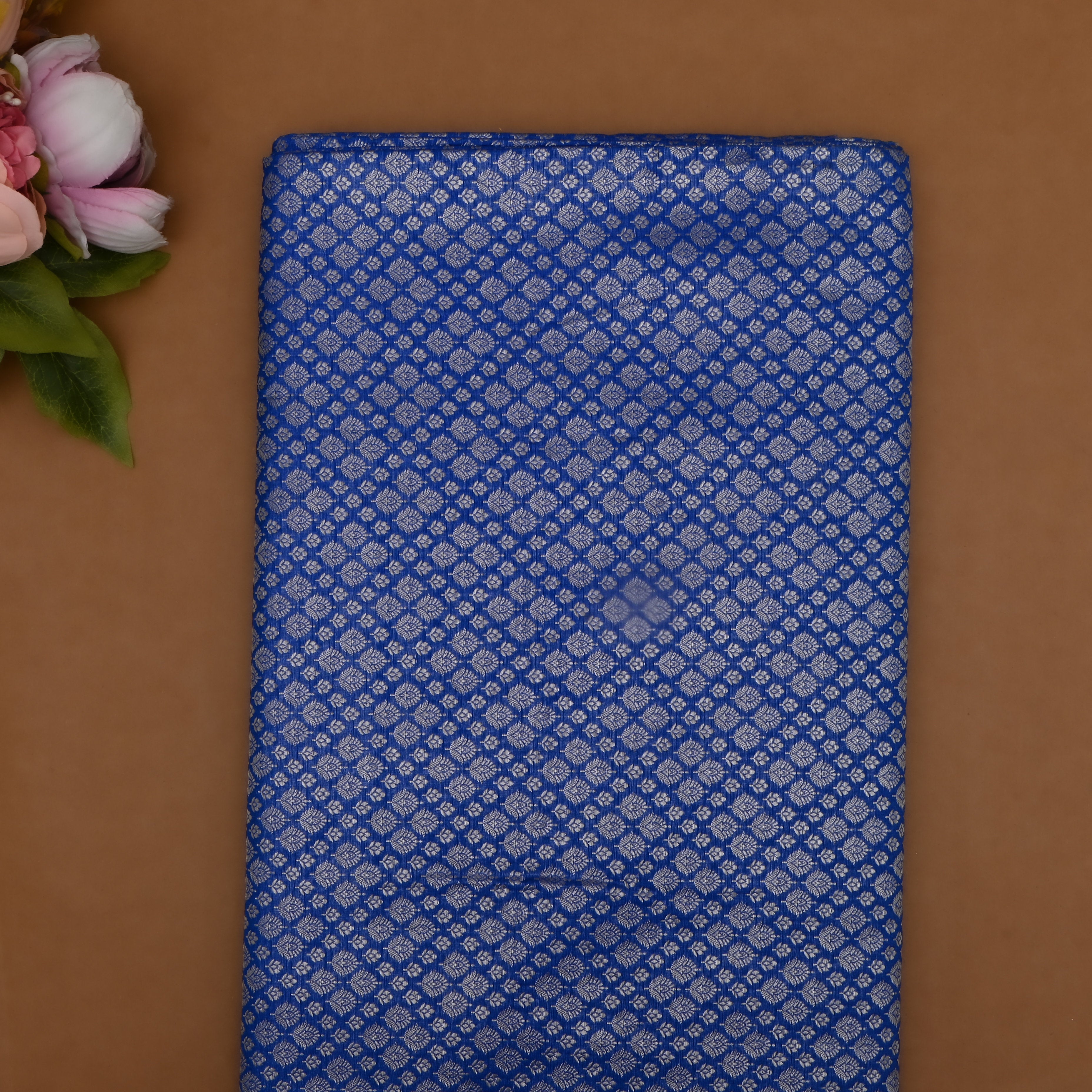 Cobalt Blue Jamawar Silk Fabric With Intricate Zari Work