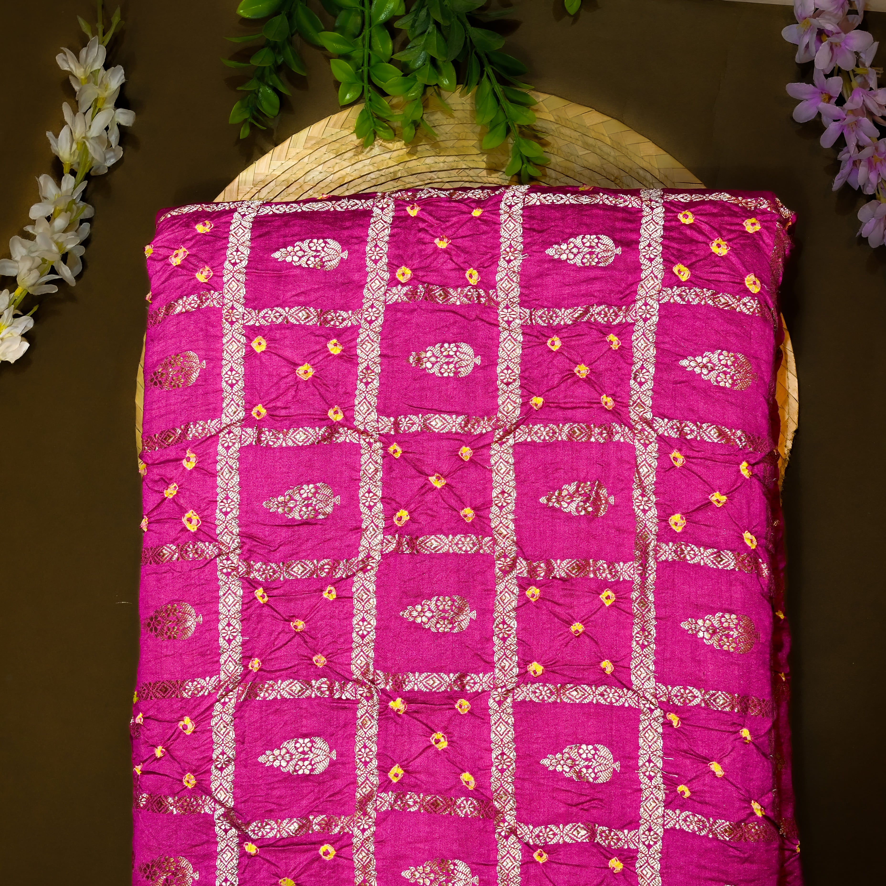 Hot Pink Banarasi Bandhani Fabric