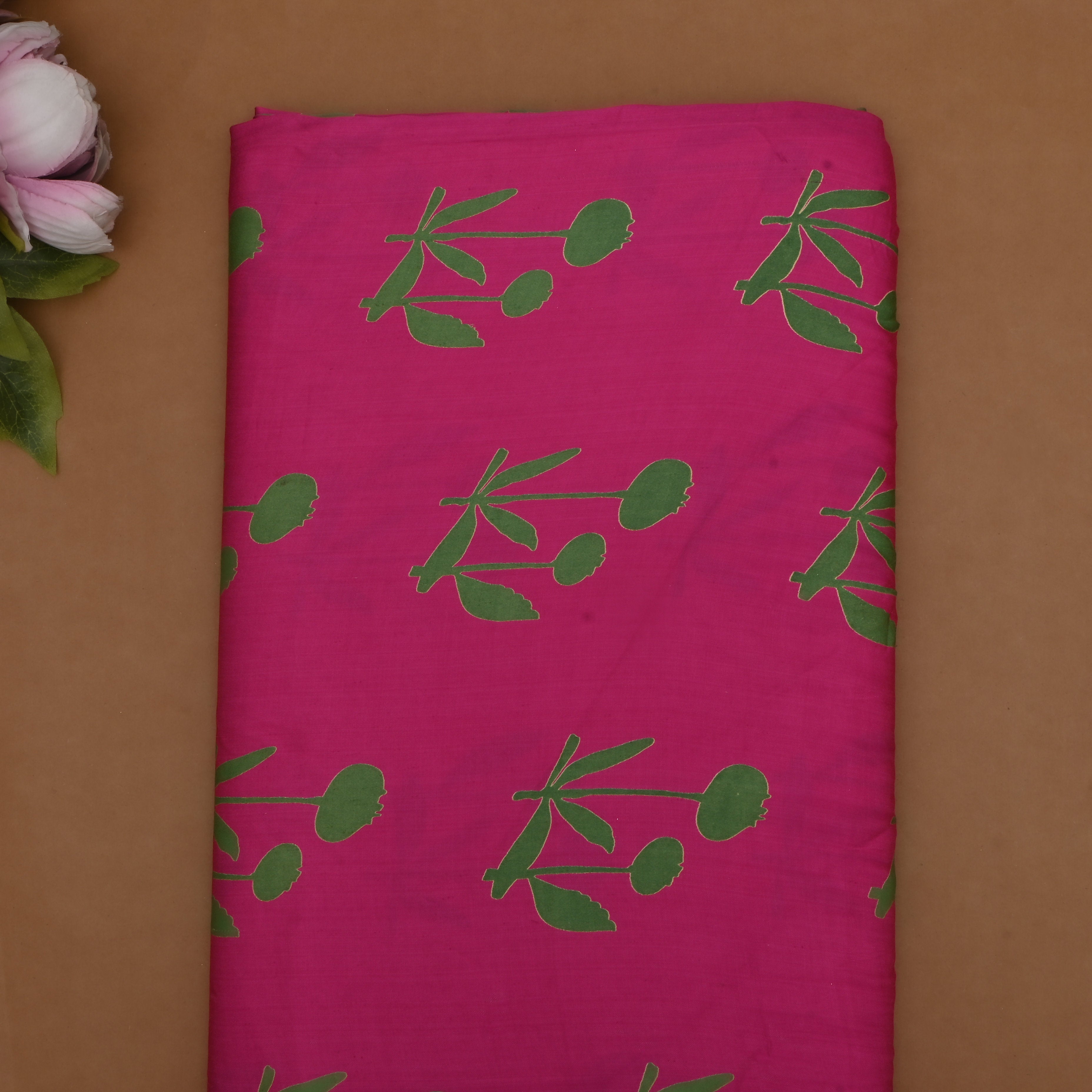 Hot Pink Satin Fabric With Printed Design