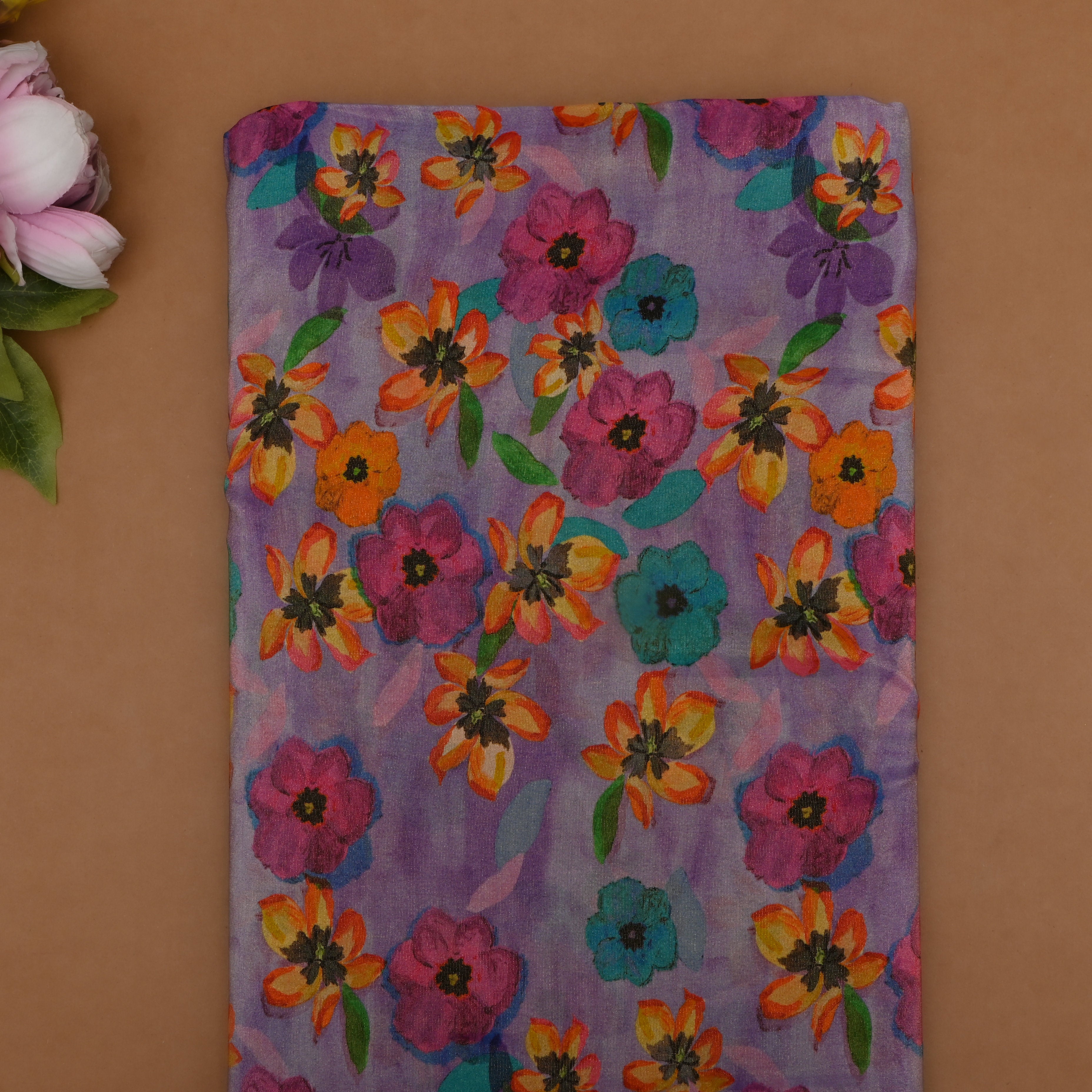 Lavender Tussar Fabric Floral Digital Print