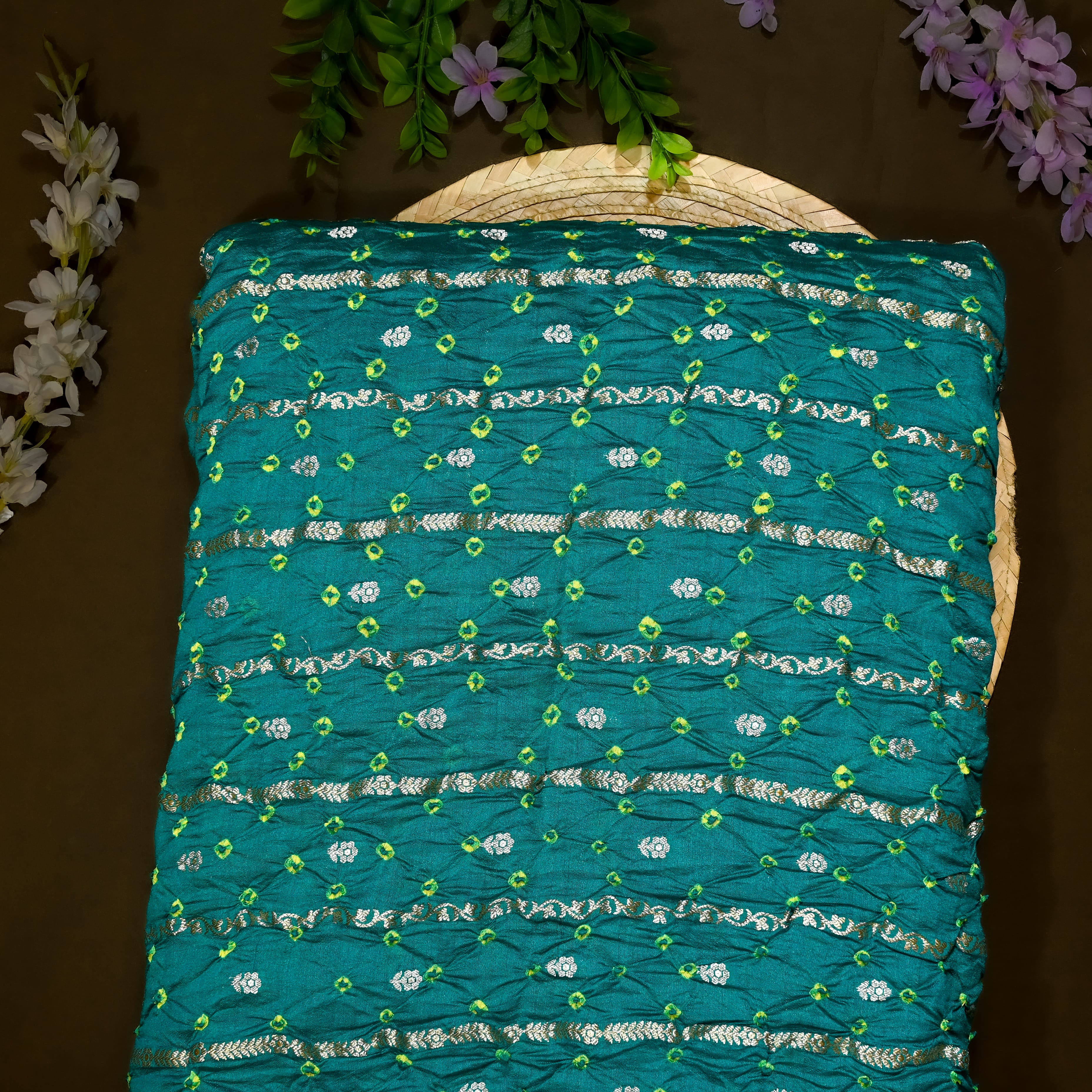 Green Bandhani Silk Fabric
