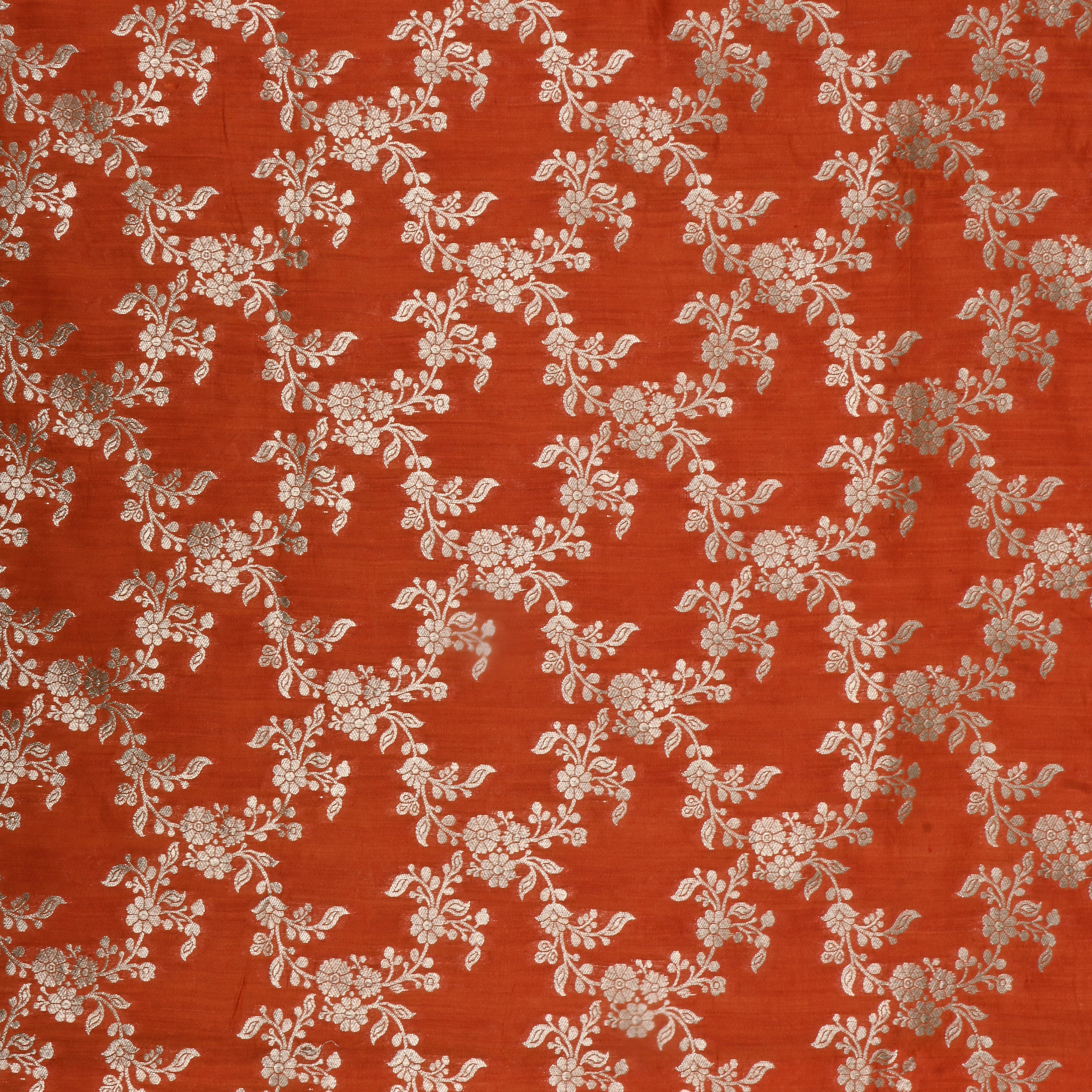 Sunset Orange Jamawar Silk Fabric With Floral Jaal