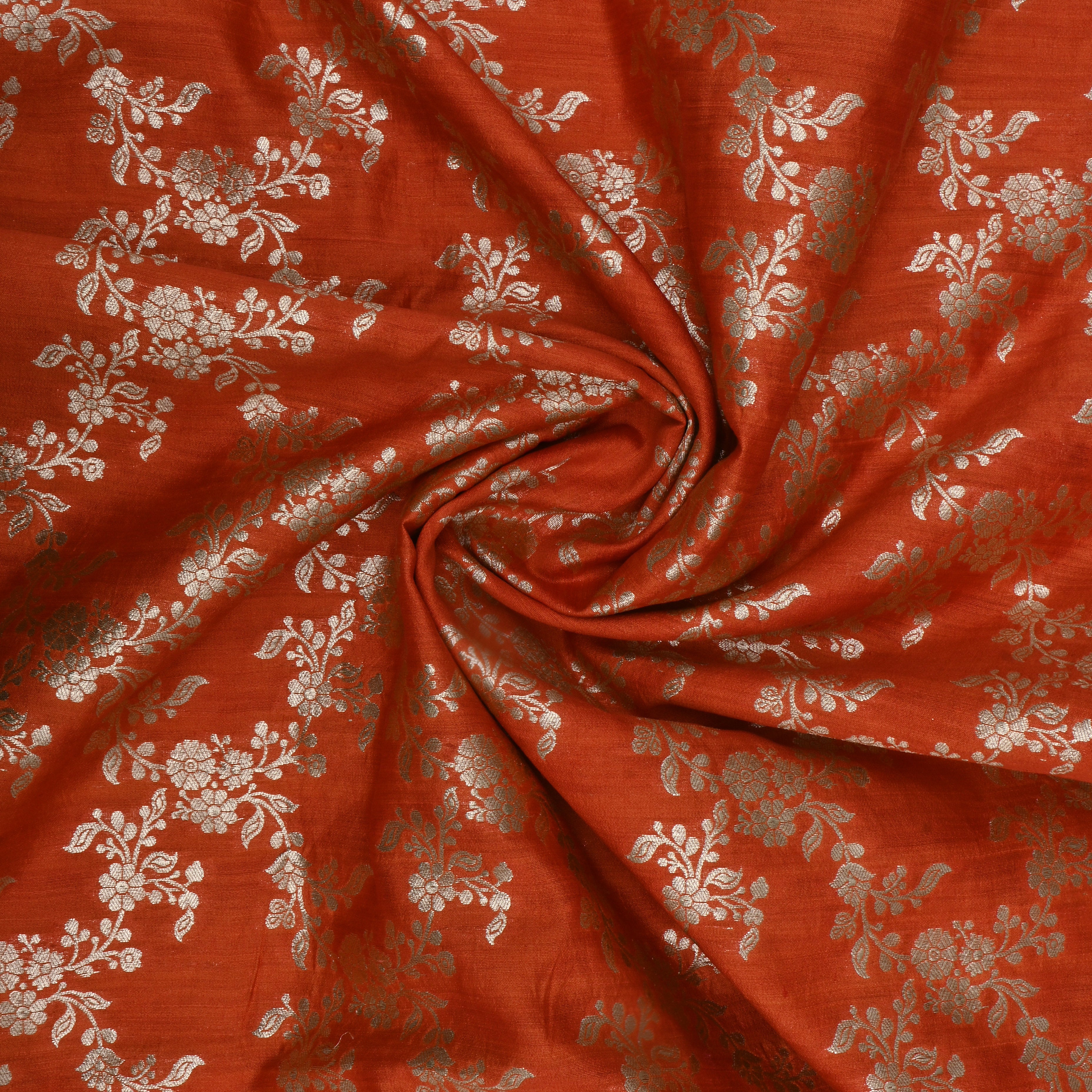 Sunset Orange Jamawar Silk Fabric With Floral Jaal