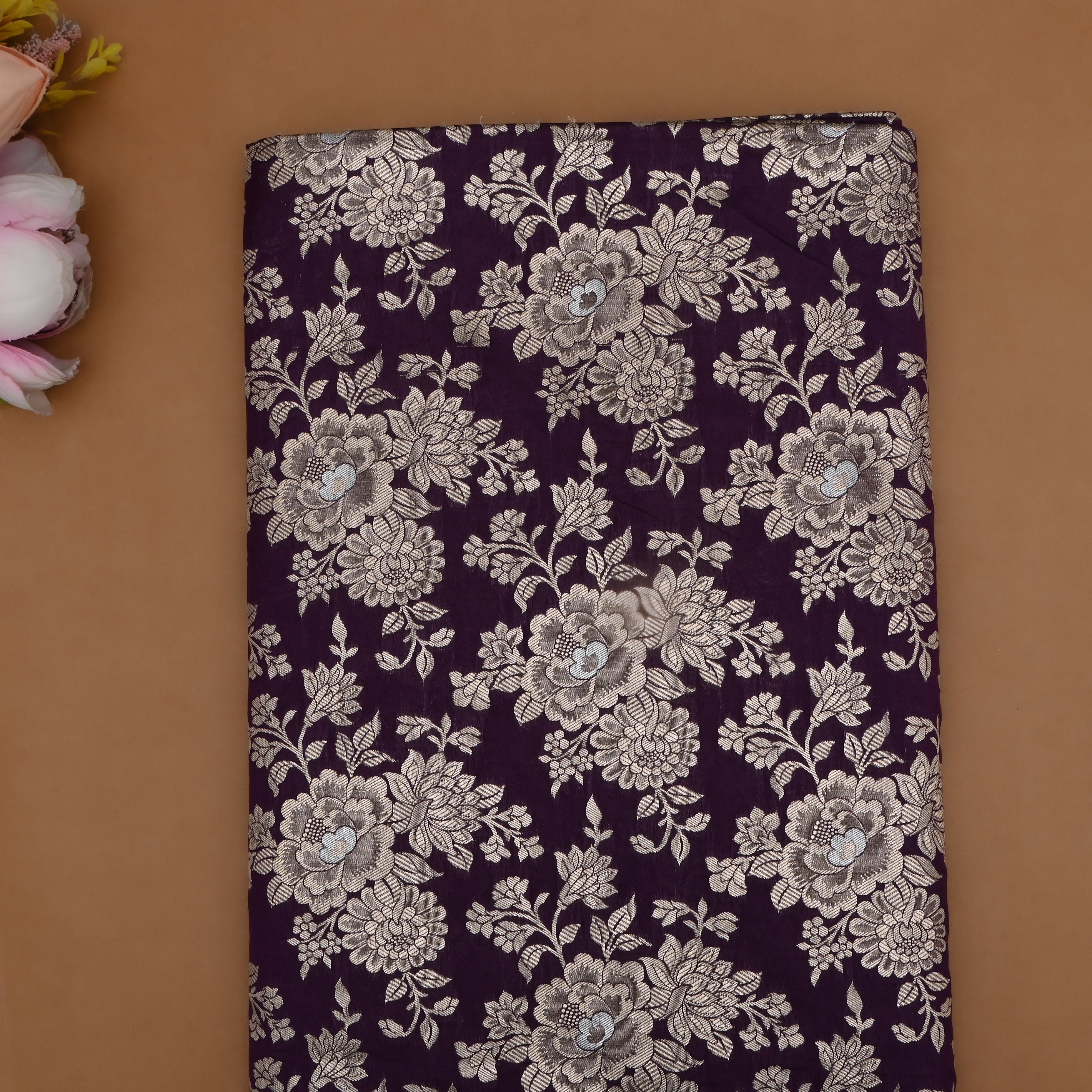 Dark Purple Jamawar Silk Fabric With Huge Floral Jaal