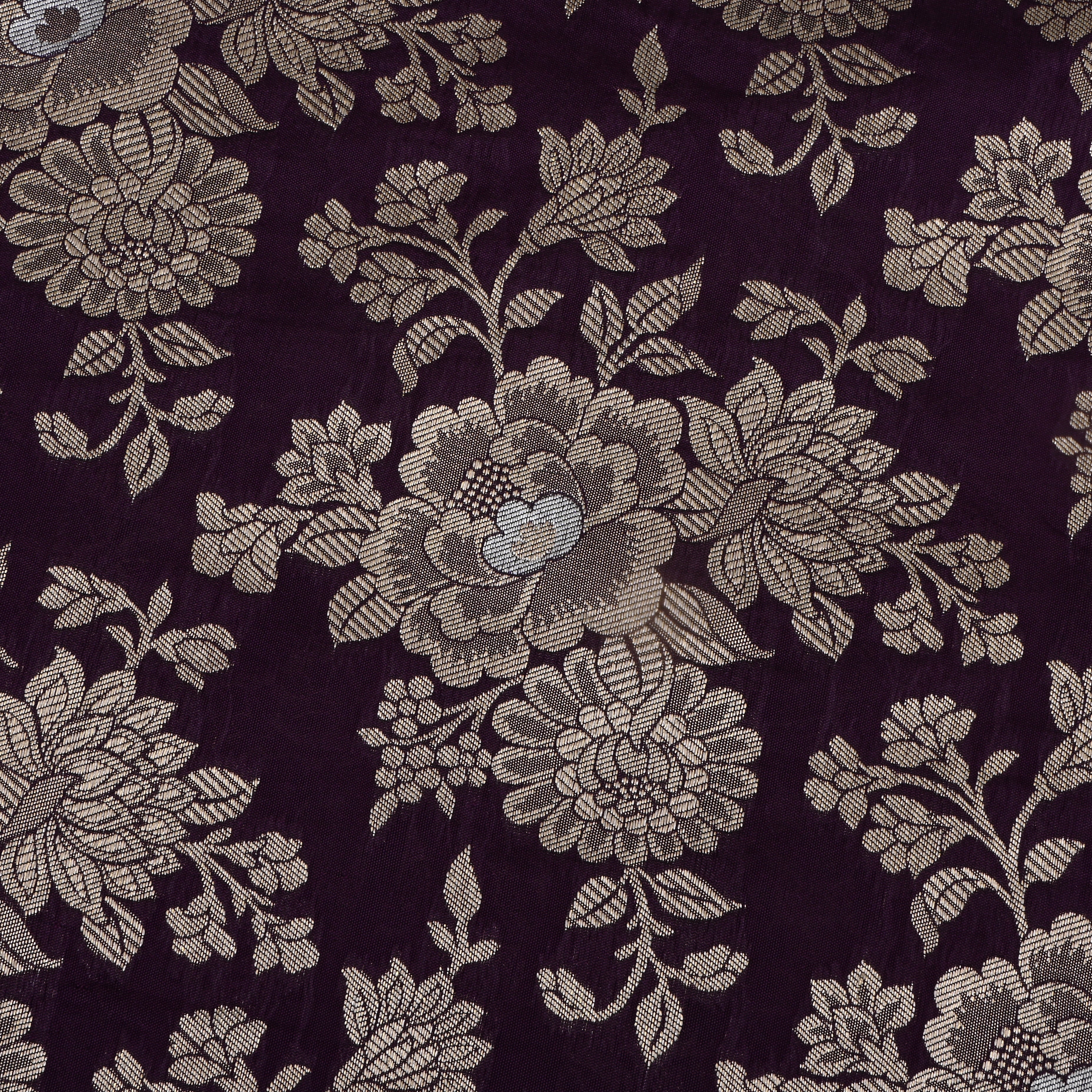 Dark Purple Jamawar Silk Fabric With Huge Floral Jaal