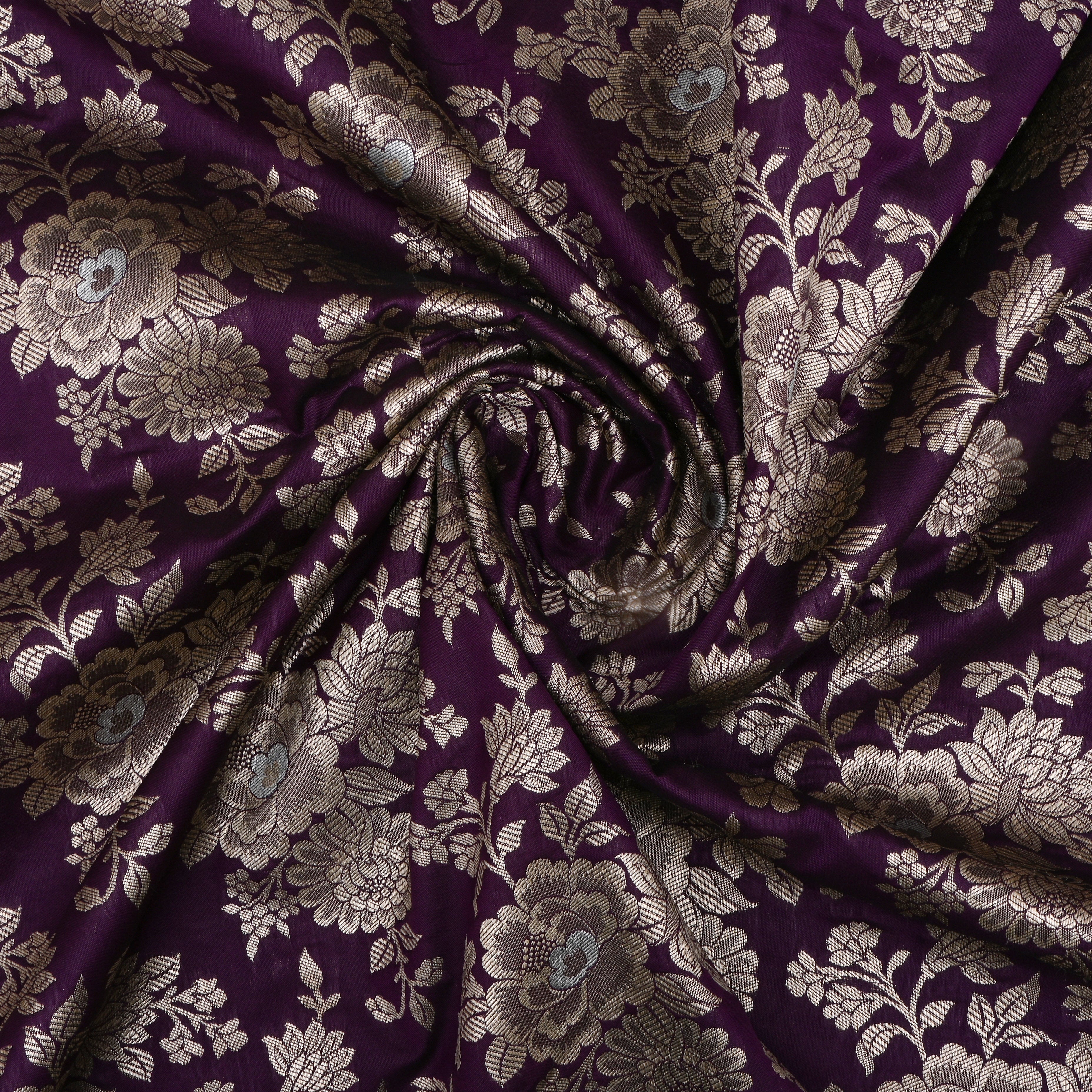Dark Purple Jamawar Silk Fabric With Huge Floral Jaal
