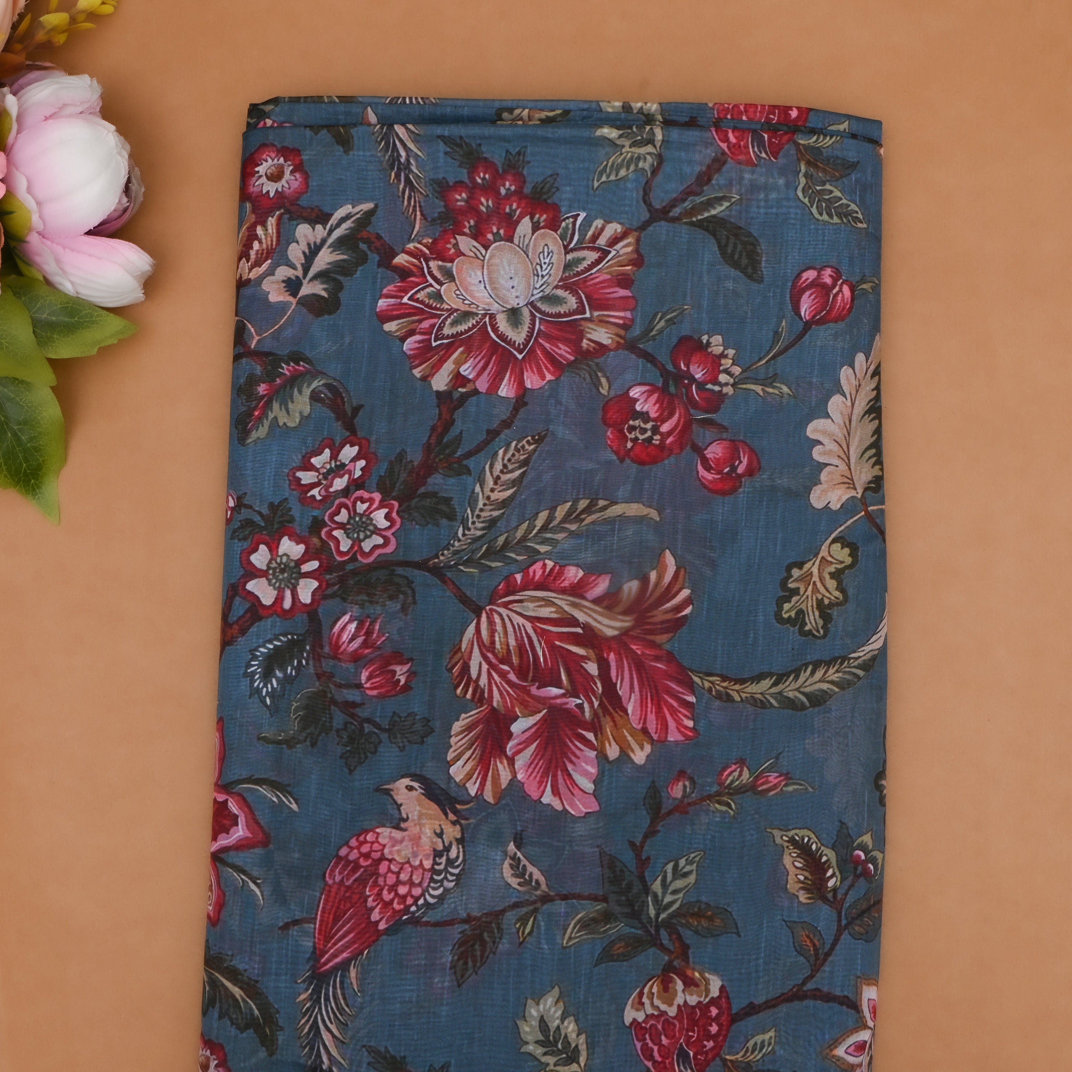 Steel Blue Silk Printed Fabric