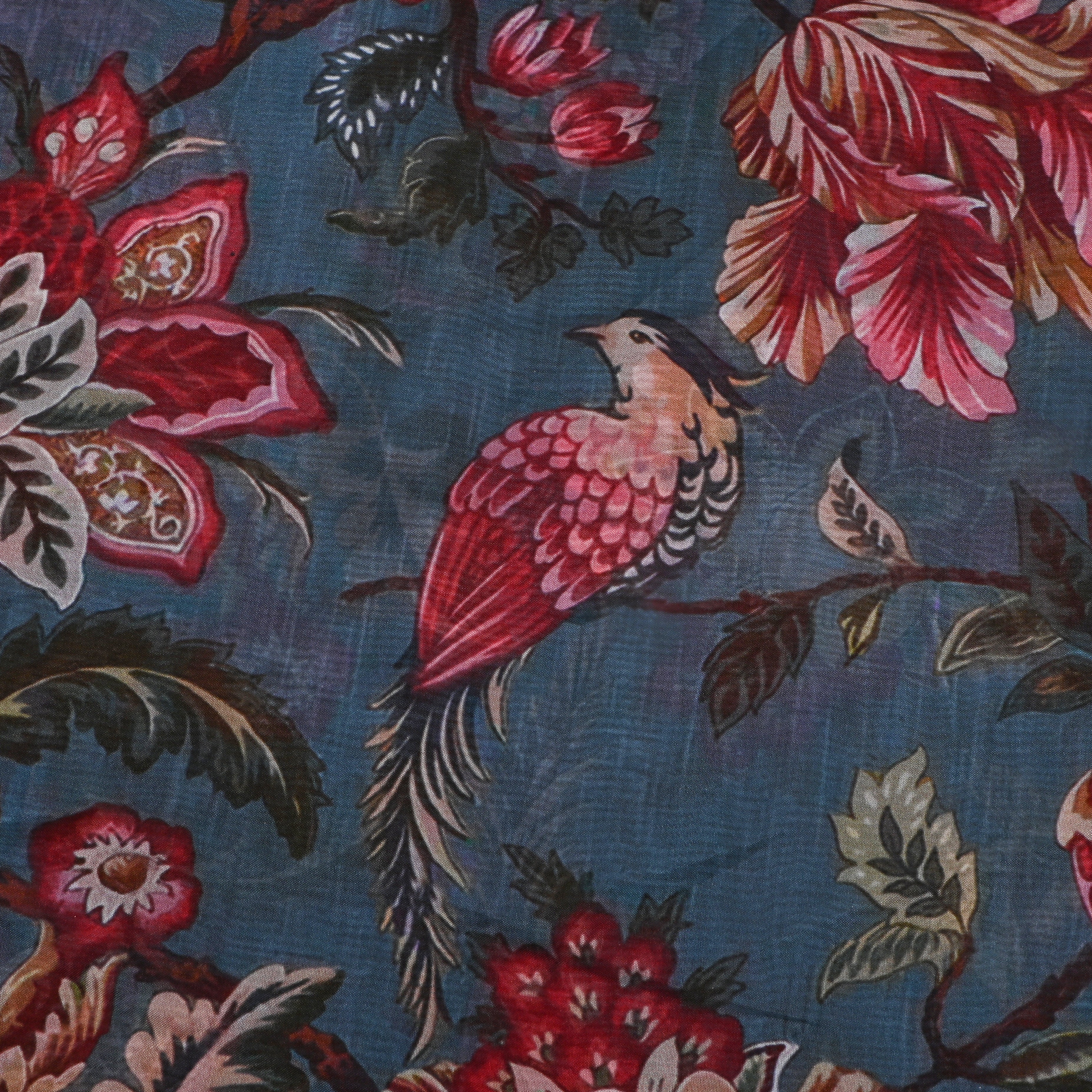 Steel Blue Silk Printed Fabric