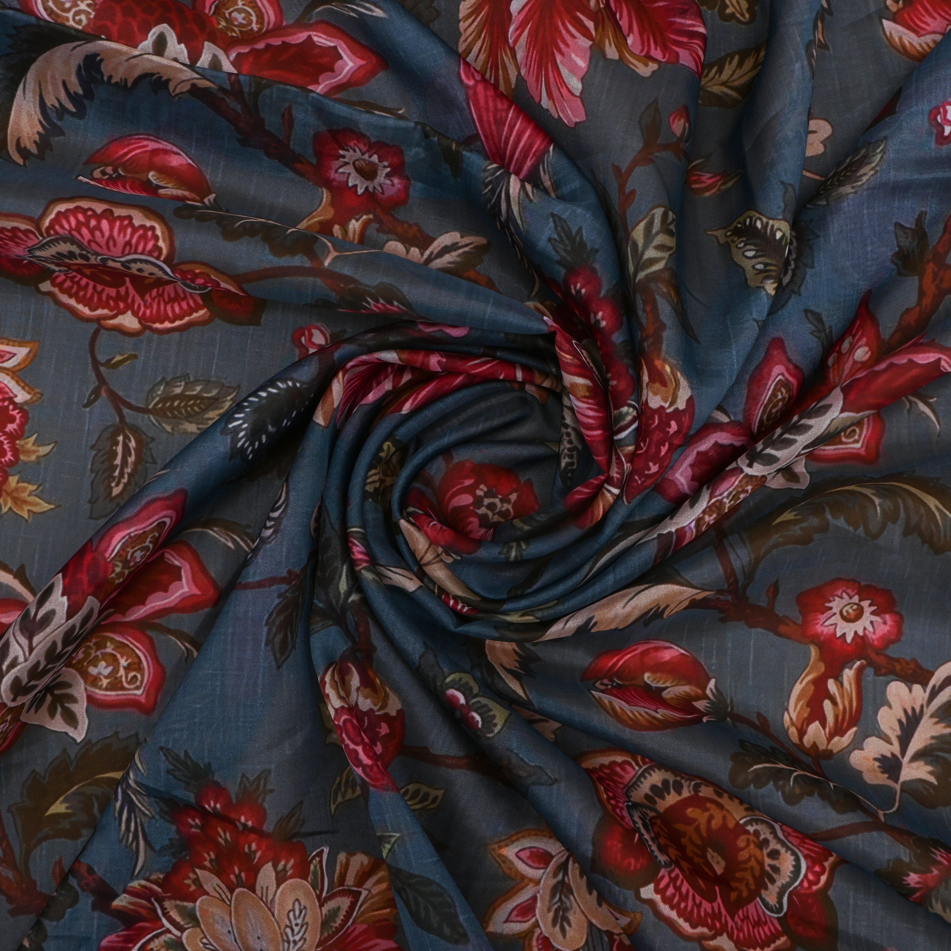 Steel Blue Silk Printed Fabric