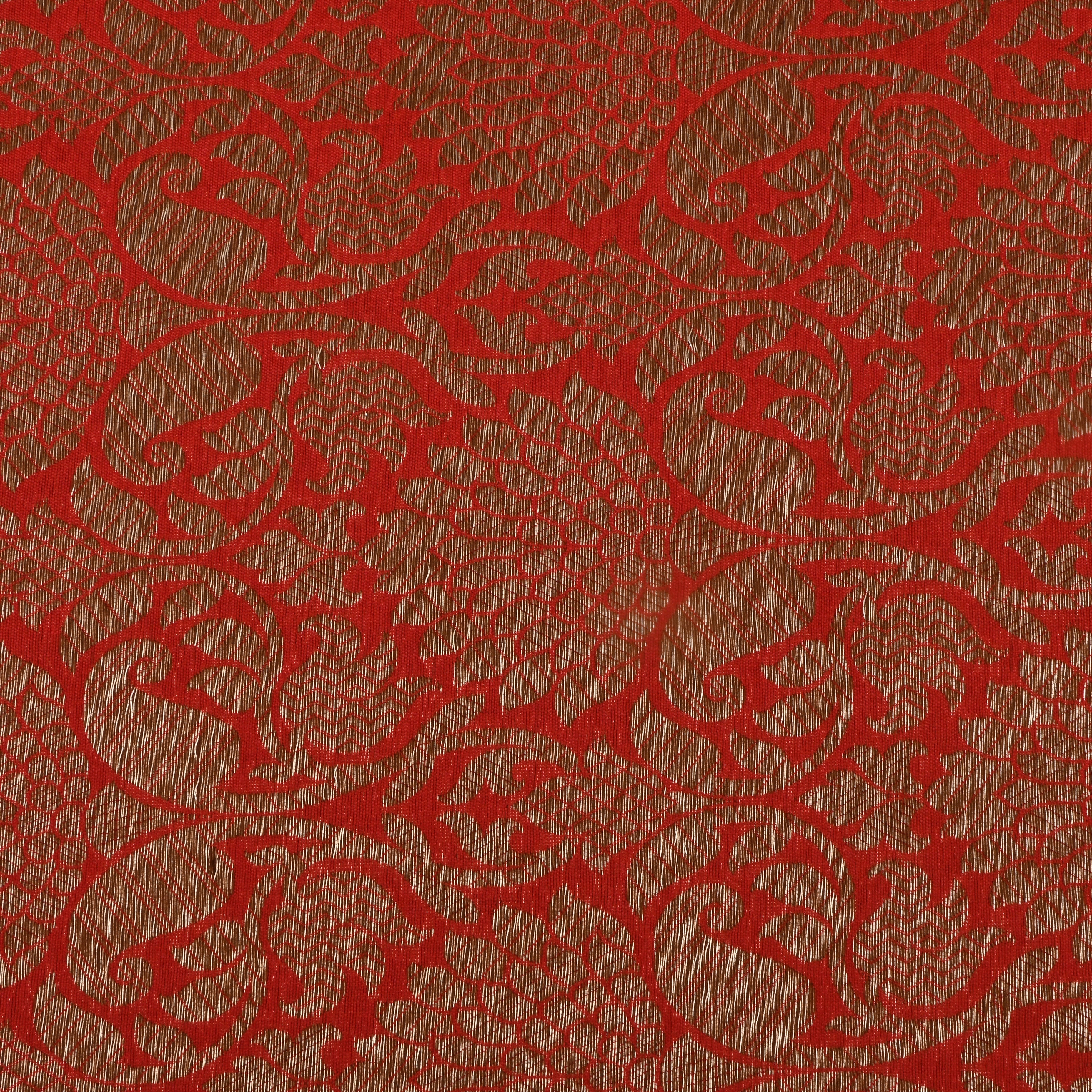 Orangish Red Jamawar Silk Fabric With Floral Jaal Weaving