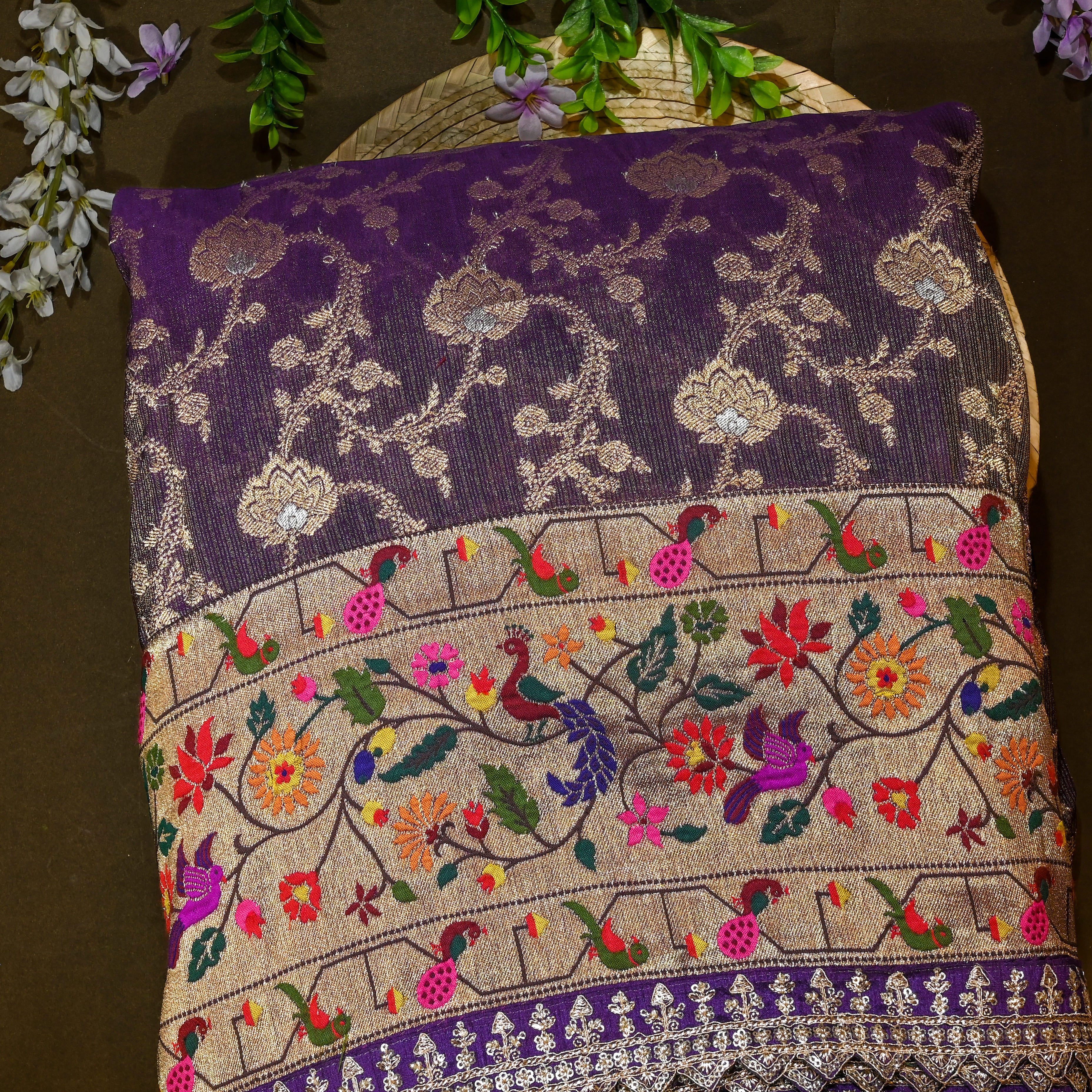 Purple Tissue Banarasi Fabric With Paithani Border