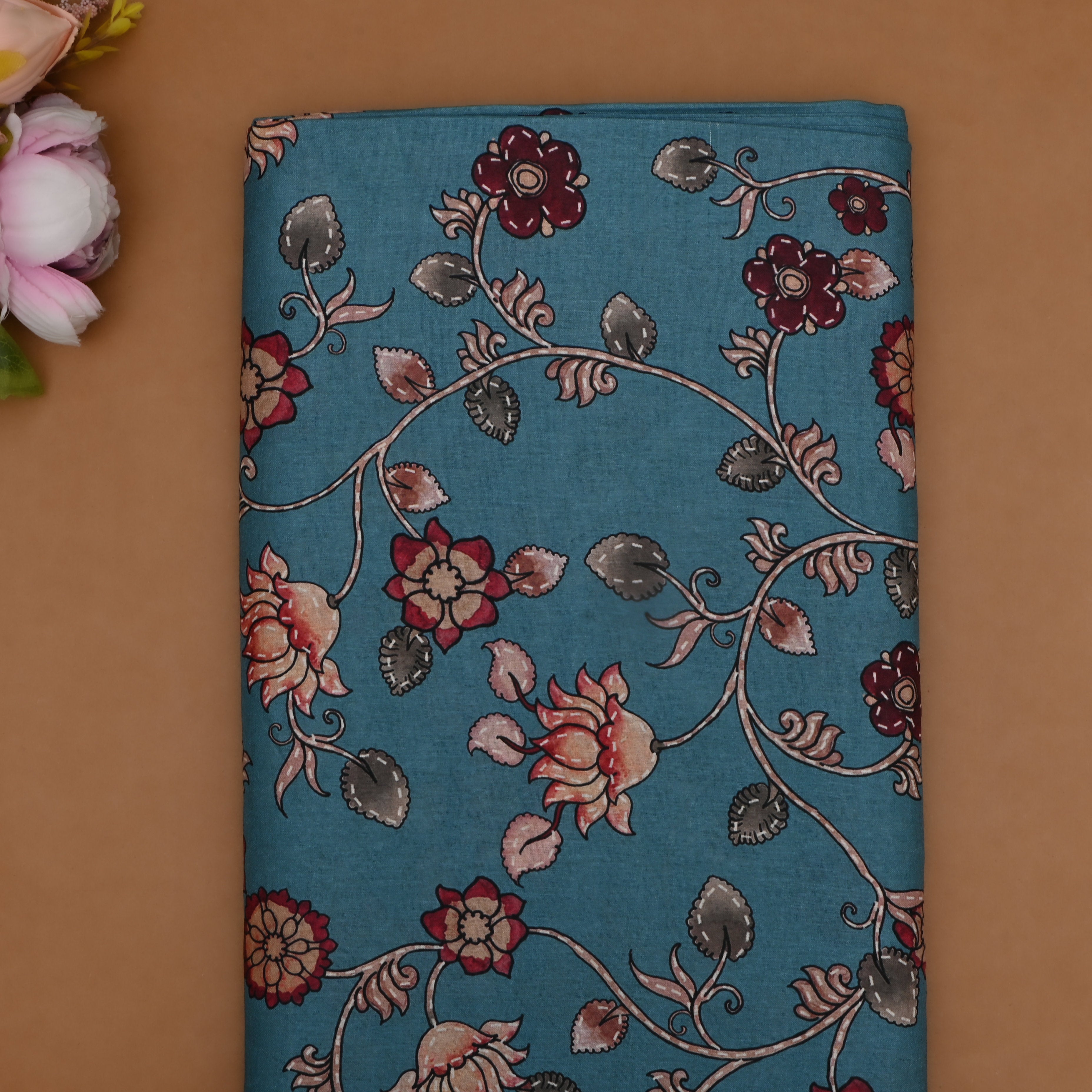 Baby Blue Jamawar Silk Fabric With Digital Print