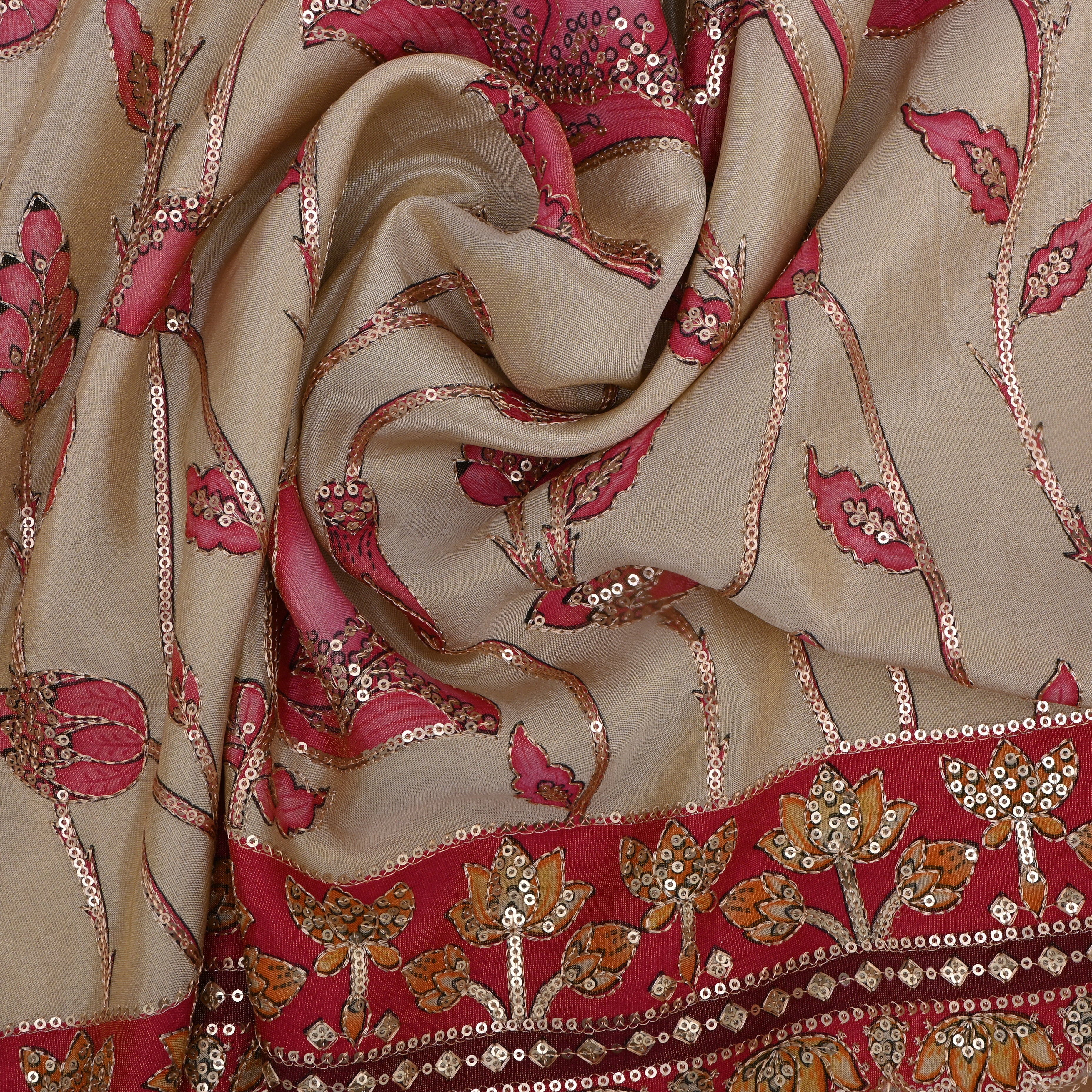 Vanilla Gold Tissue Fabric With Printed Embroidery