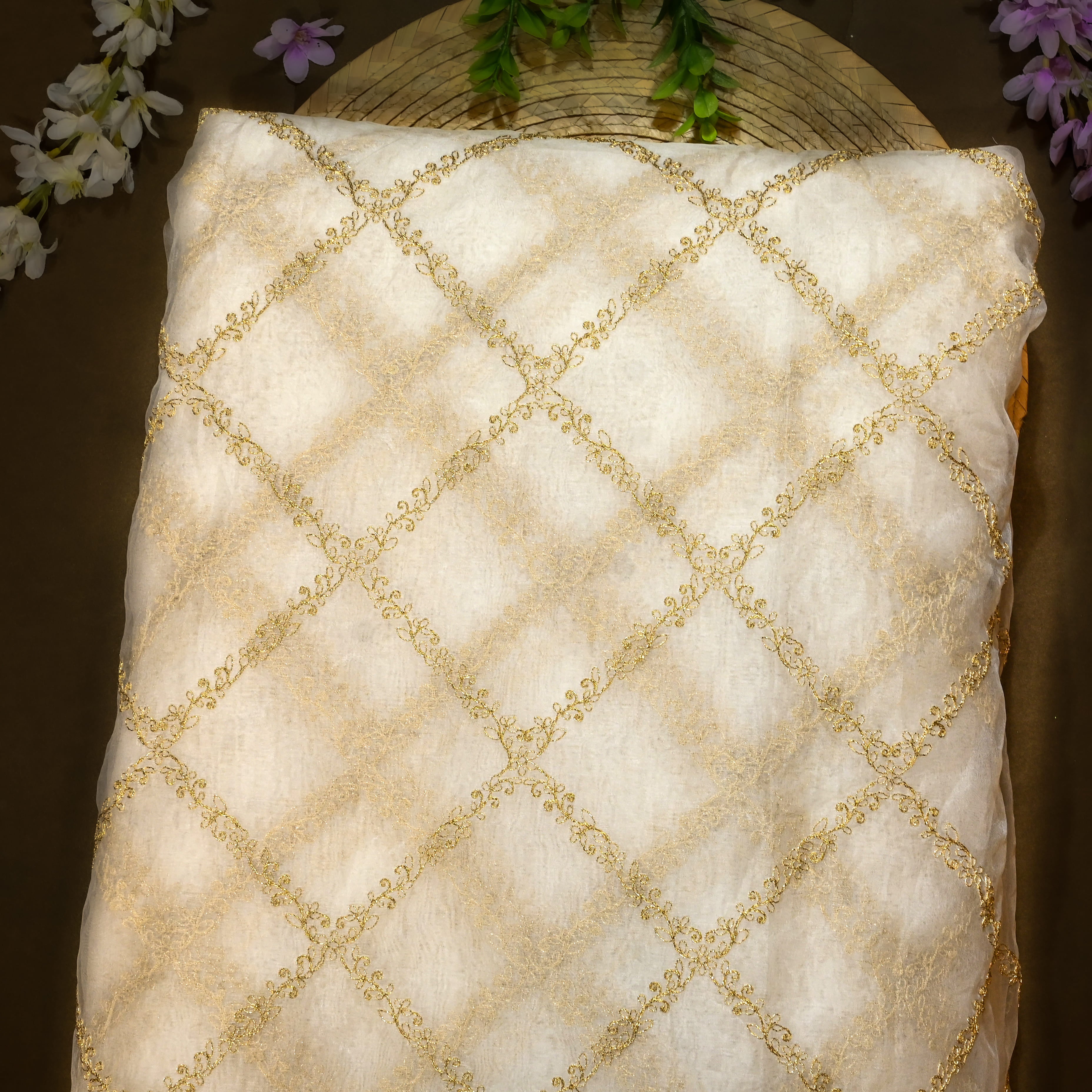 Off-White Organza Fabric With Golden Stripes